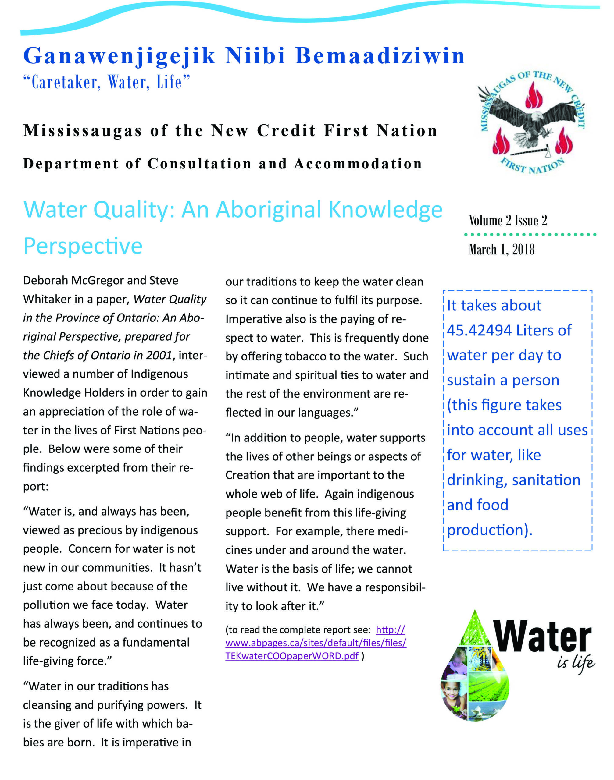Ganawenjigejik Niibi Bemaadiziwin (MNCFN Water Committee) Newsletter