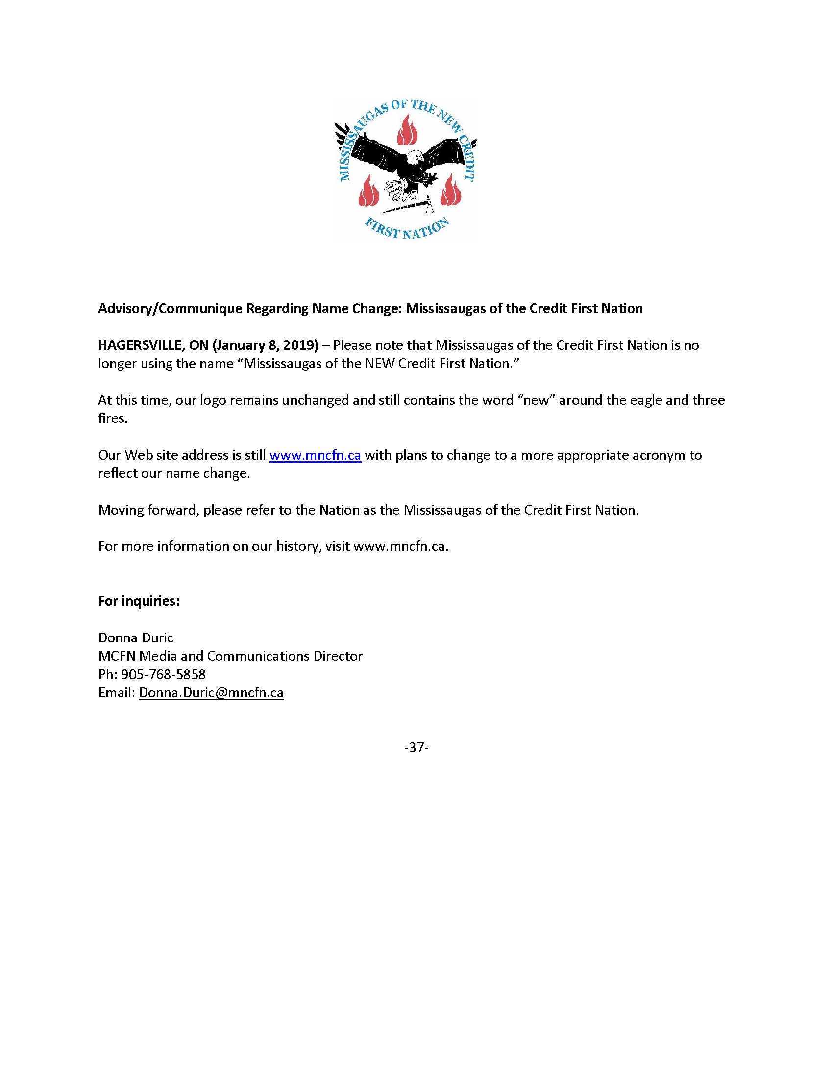 Notice: Mississaugas of the Credit First Nation Name Change