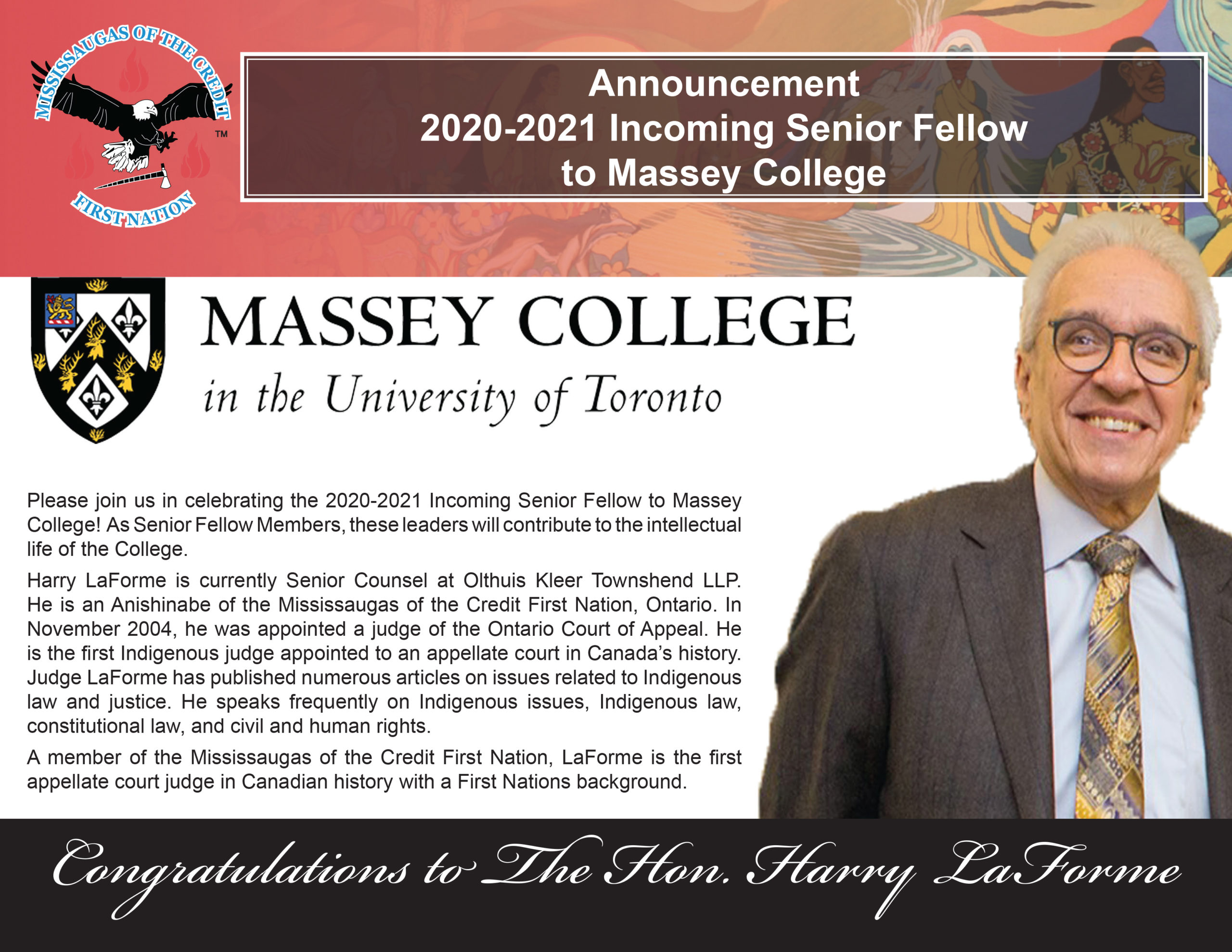 The Honourable Harry LaForme Welcomed as Senior Fellow at Massey College