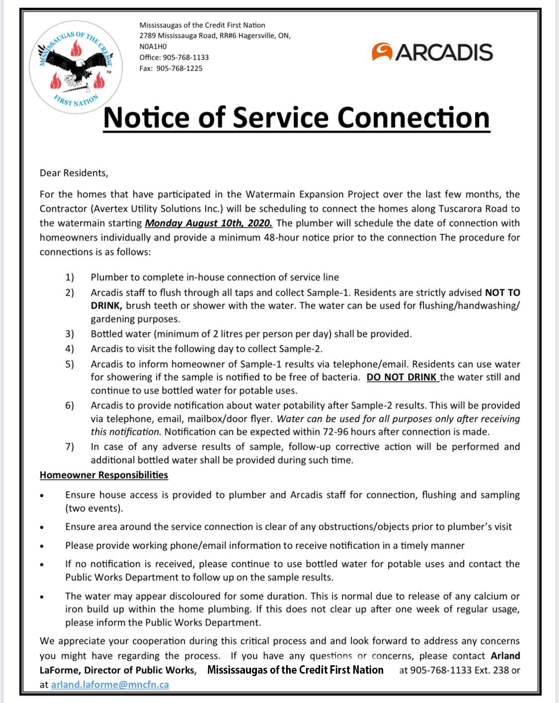 Notice of Service Connection - Mississaugas of the Credit First Nation