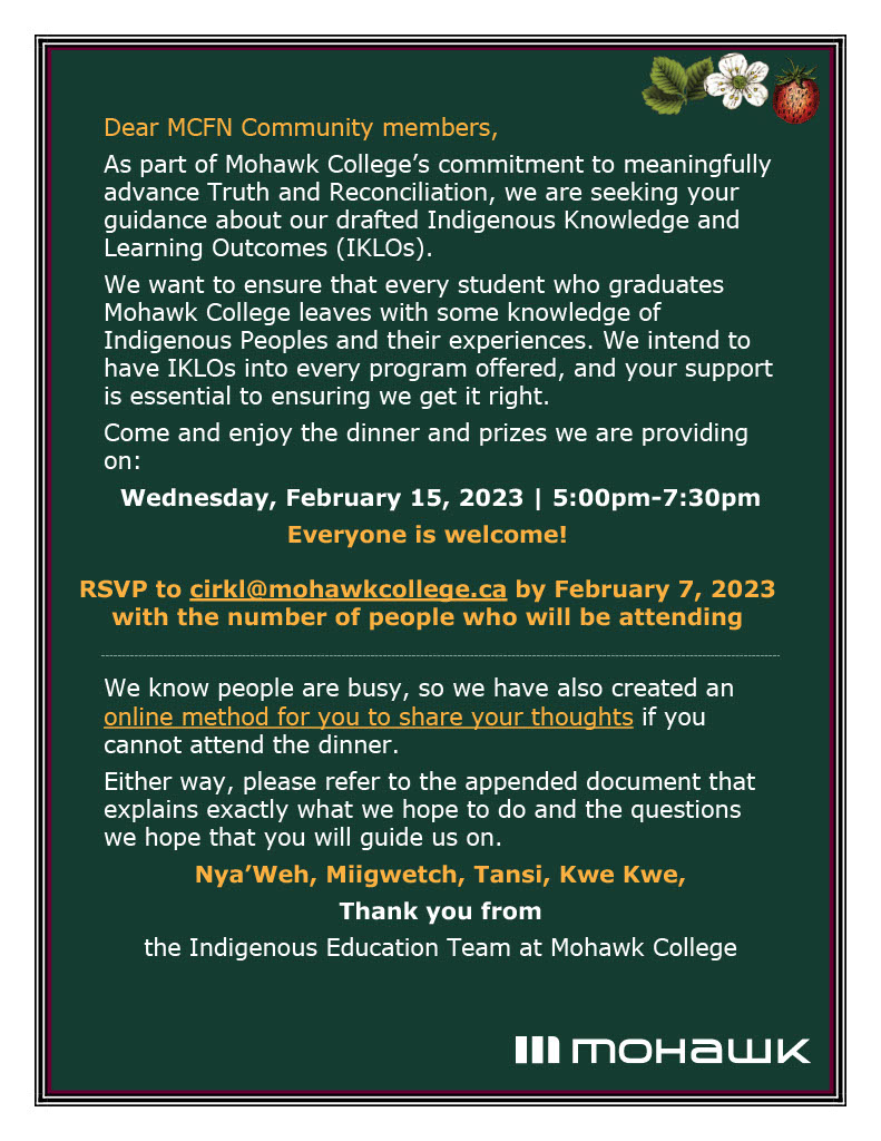 Mohawk College Indigenous Knowledge and Learning Outcomes information dinner