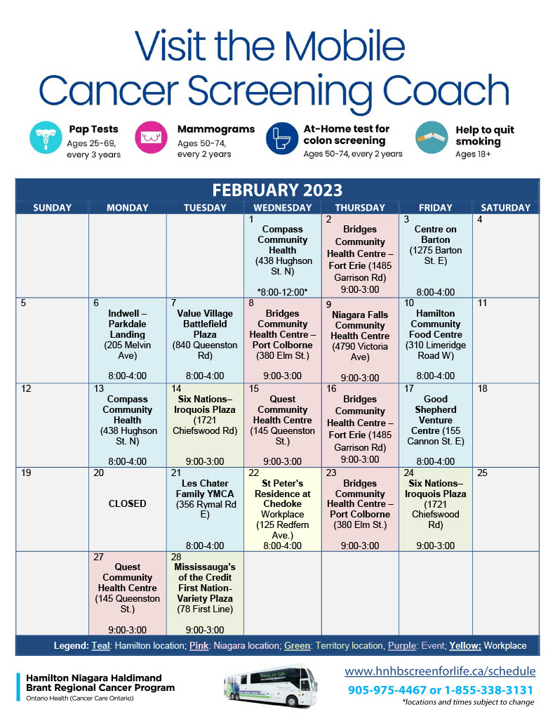 Mobile Cancer Screening Bus Febuary schedule