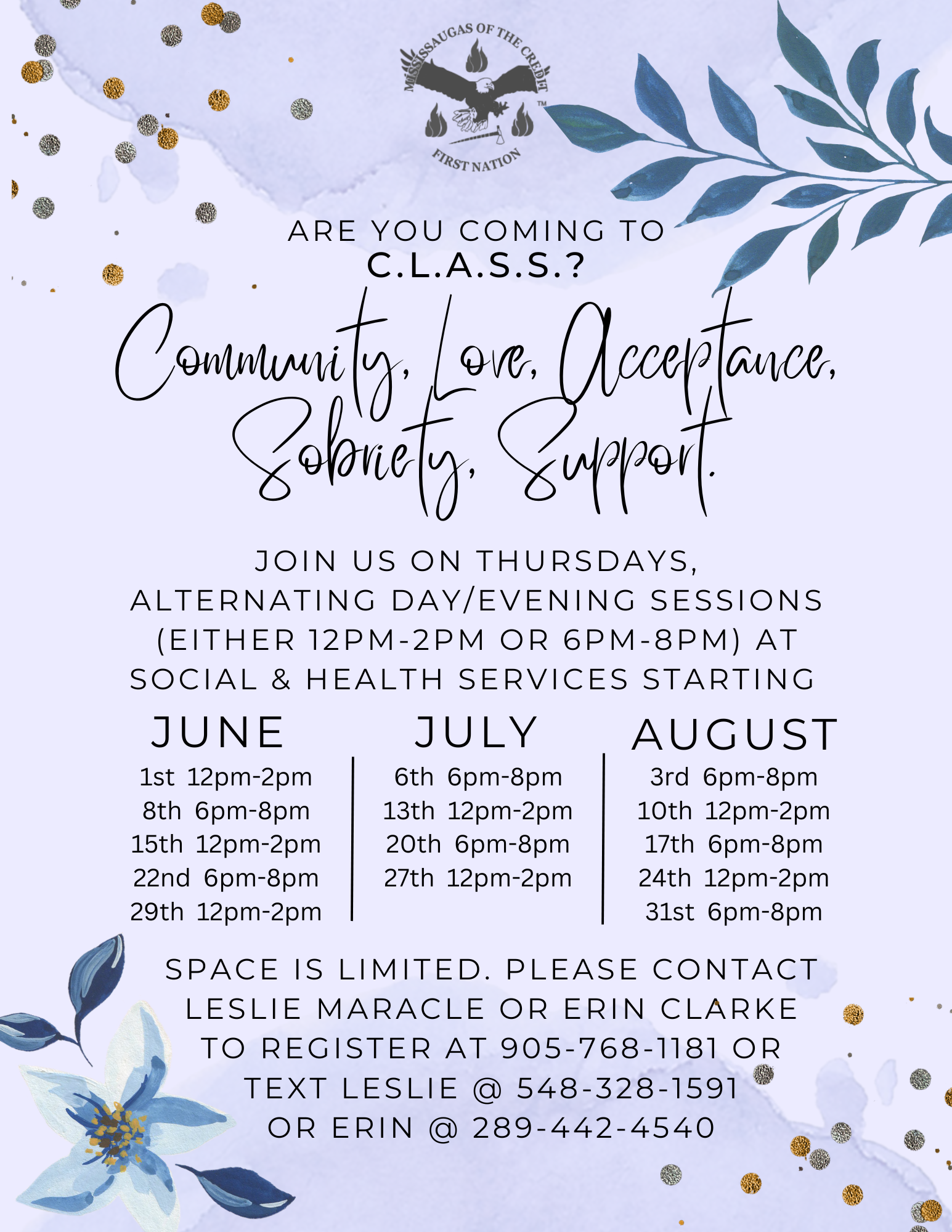 Community Love Acceptance Sobriety and Support summer schedule