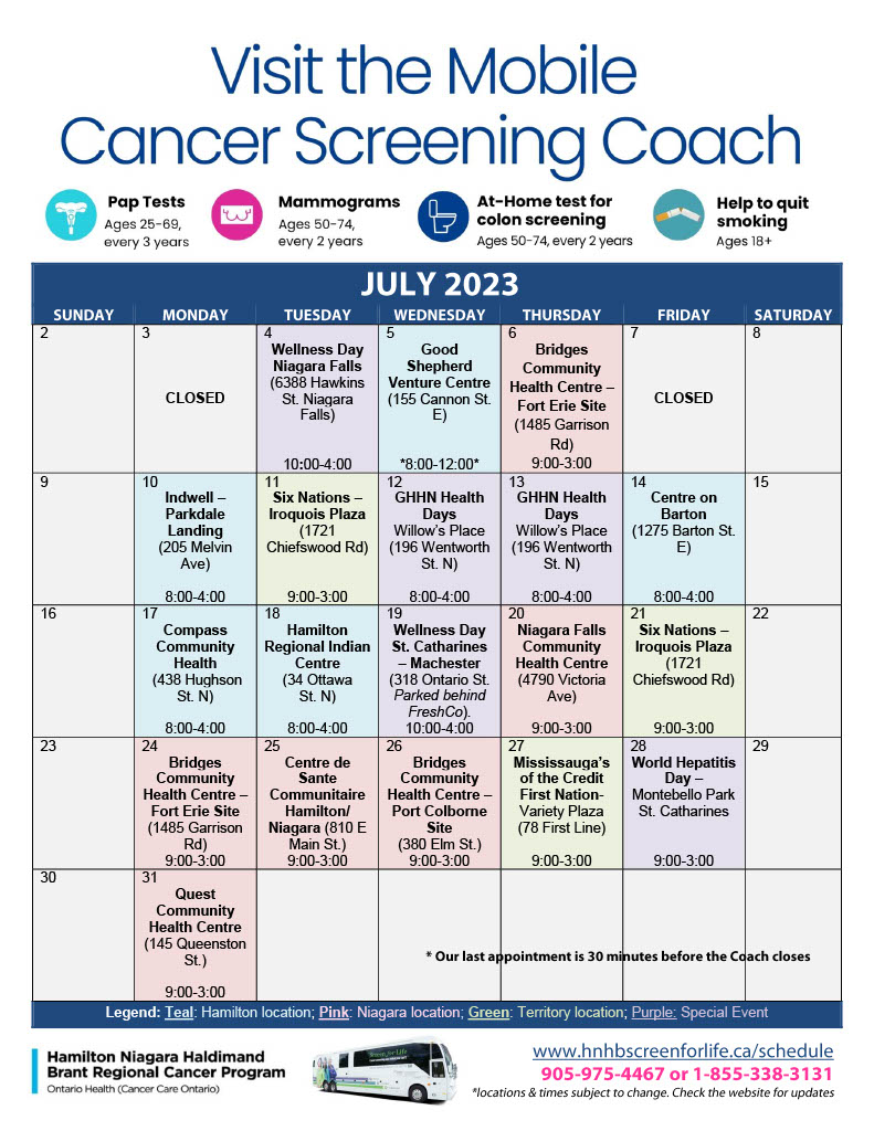 Mobile Cancer Screening Coach July schedule