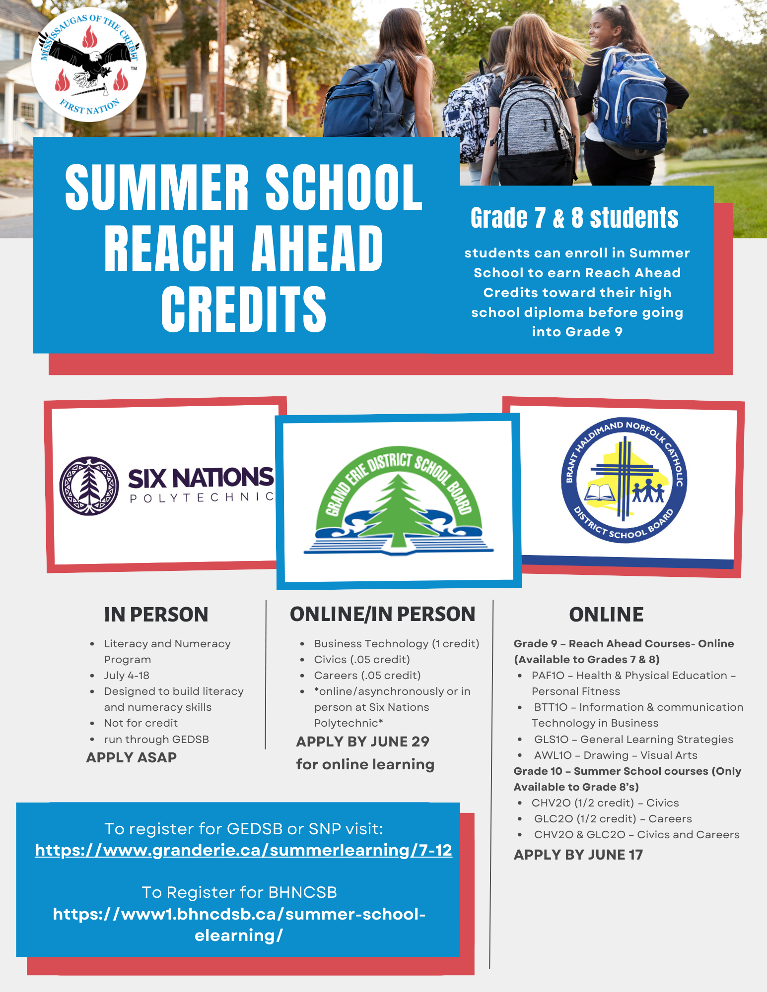 Summer School Reach Ahead Credits for Grade 7 & 8