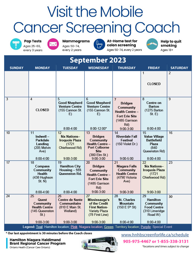 September Mobile Cancer Screening Coach schedule