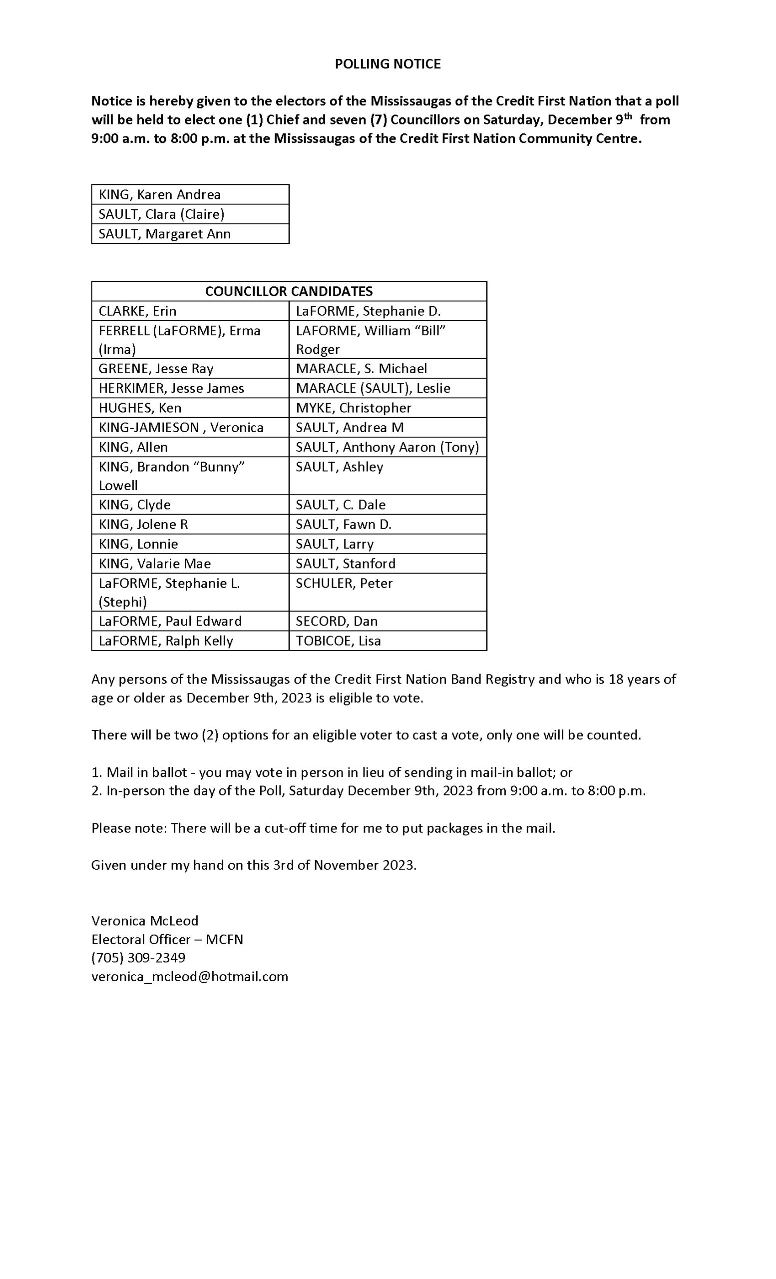 Final List of Candidates for the 2023 Mississaugas of the Credit First Nation General Election