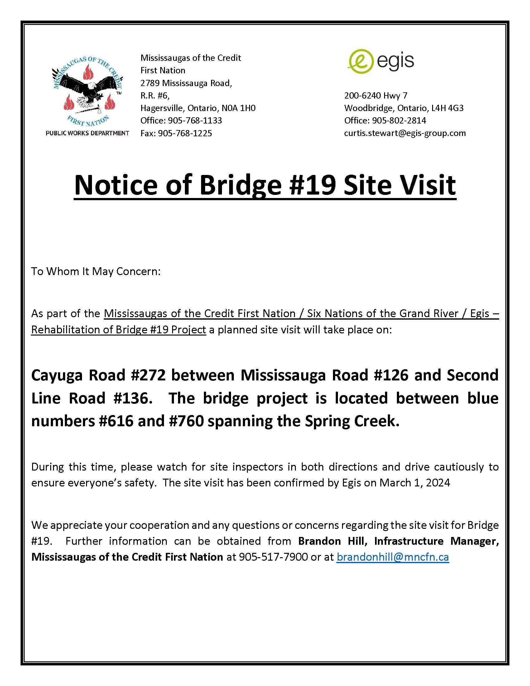Notice of Bridge #19 Site Visit
