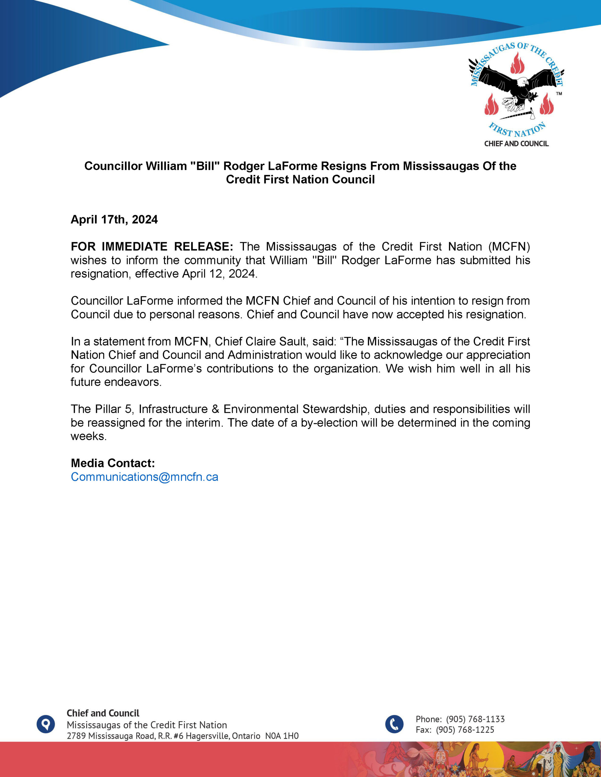 Councillor William "Bill" Rodger LaForme Resigns From Mississaugas Of the Credit First Nation Council