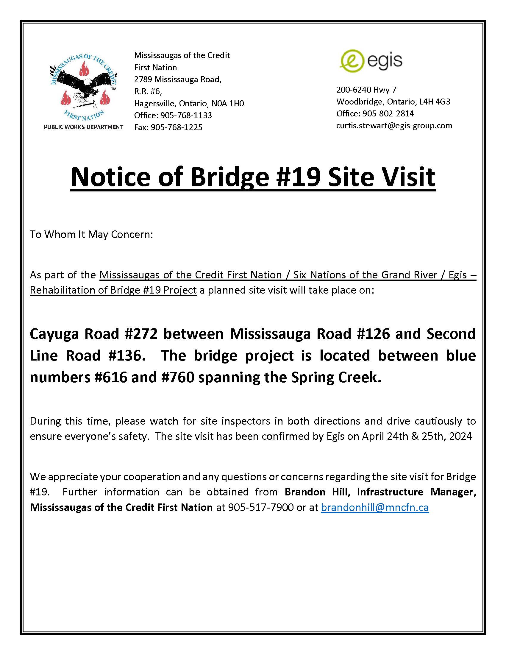 Notice of Bridge #19 site visit