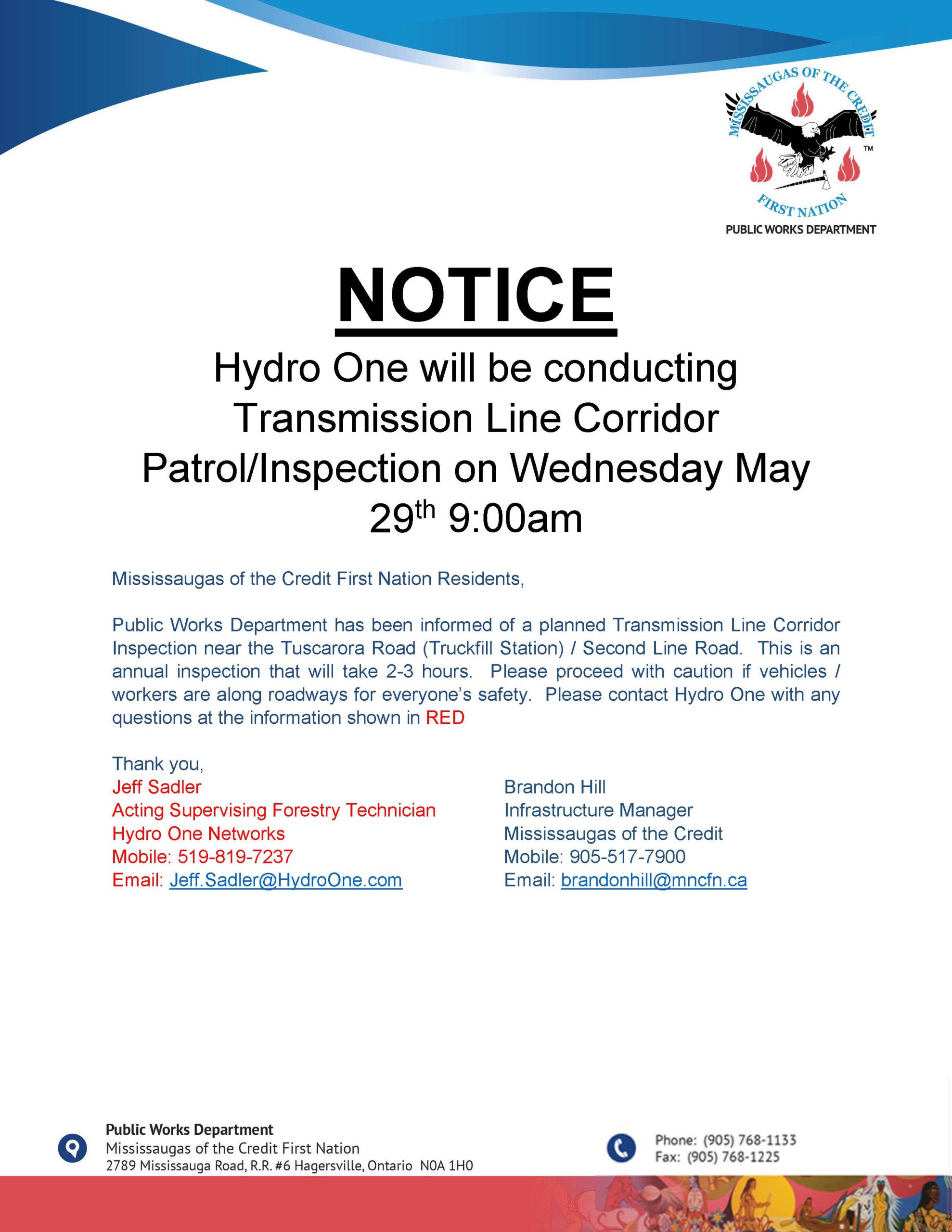 Hydro One will be conducting Transmission Line Corridor Patrol/Inspection on Wednesday May 29th