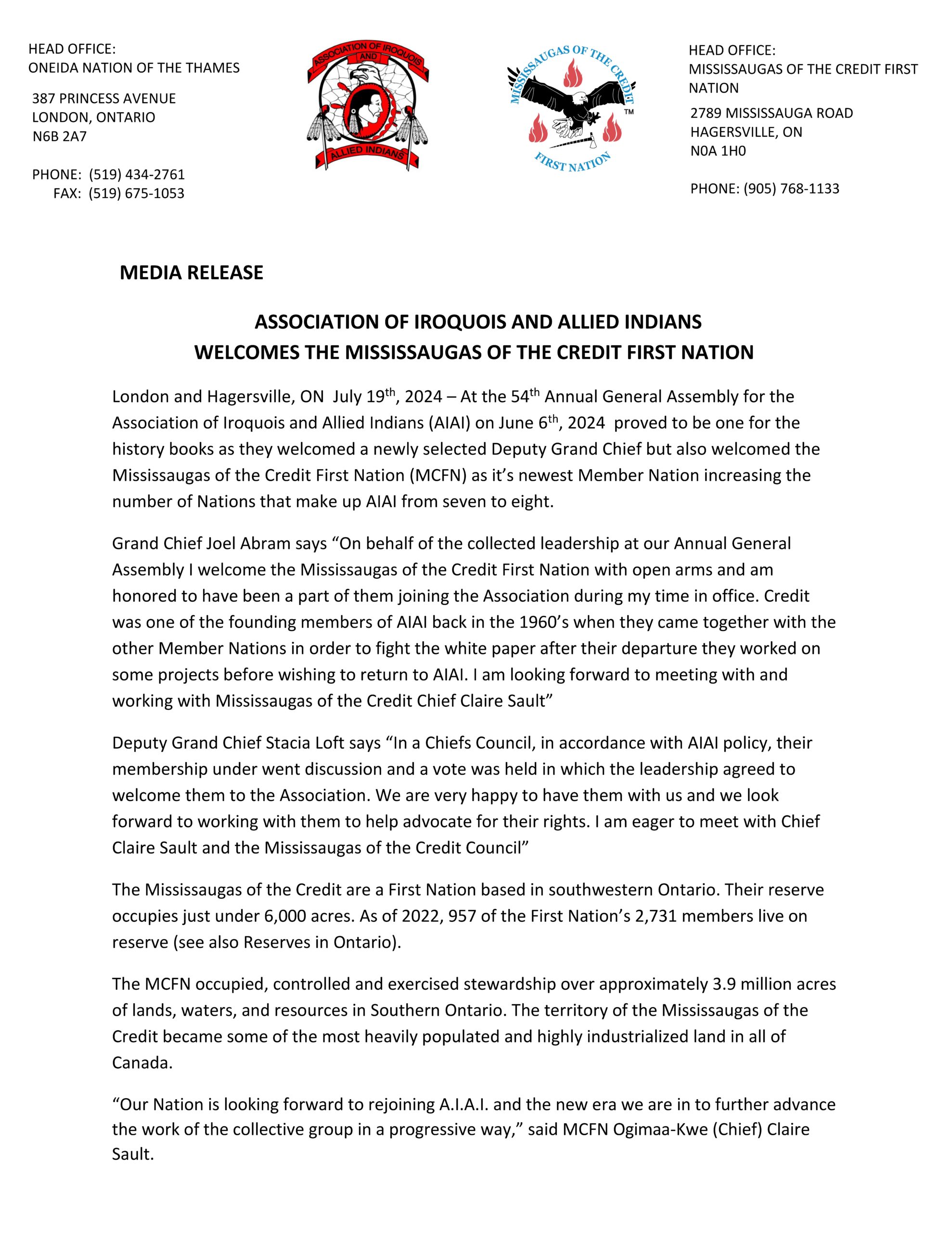 ASSOCIATION OF IROQUOIS AND ALLIED INDIANS WELCOMES THE MISSISSAUGAS OF THE CREDIT FIRST NATION