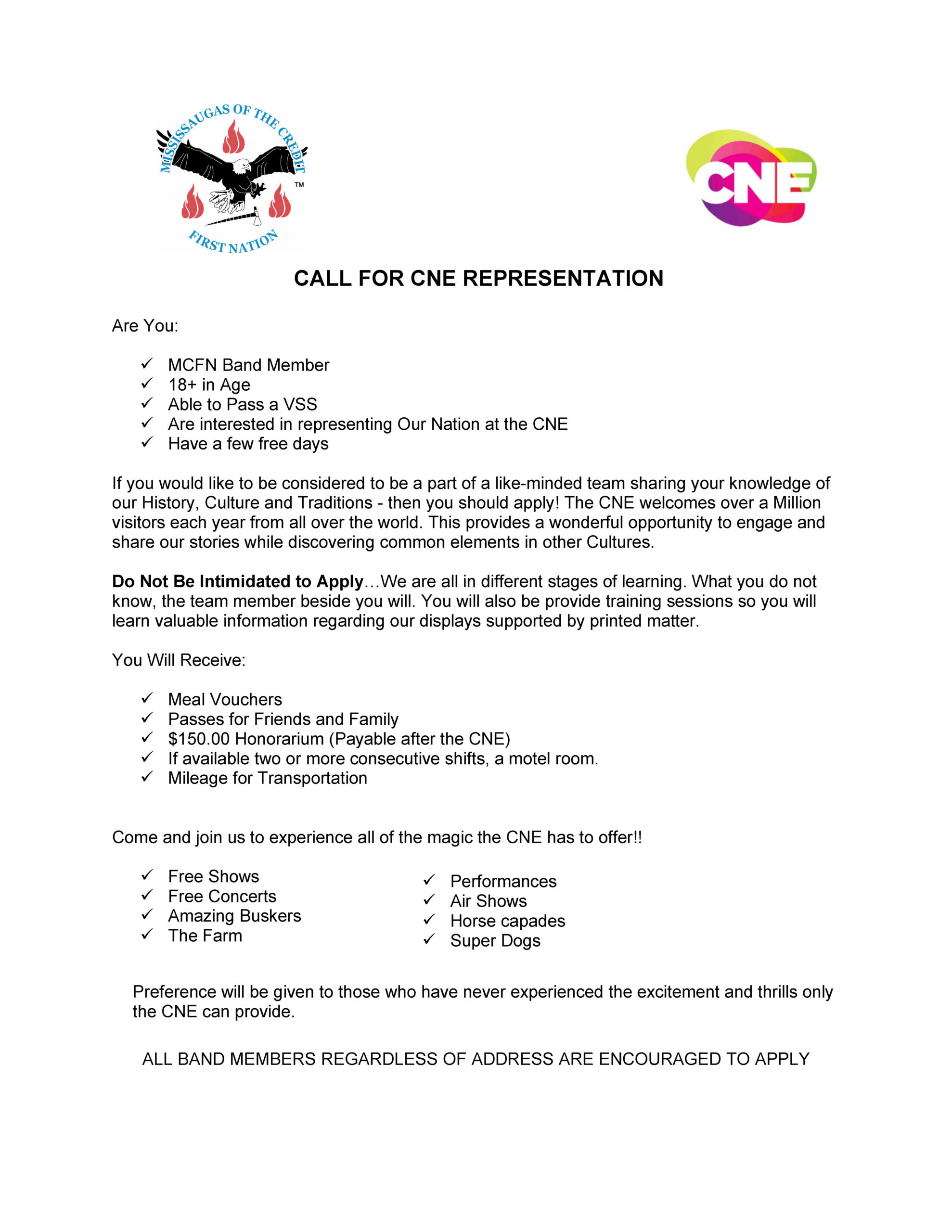 CALL FOR CNE VOLUNTEERS!