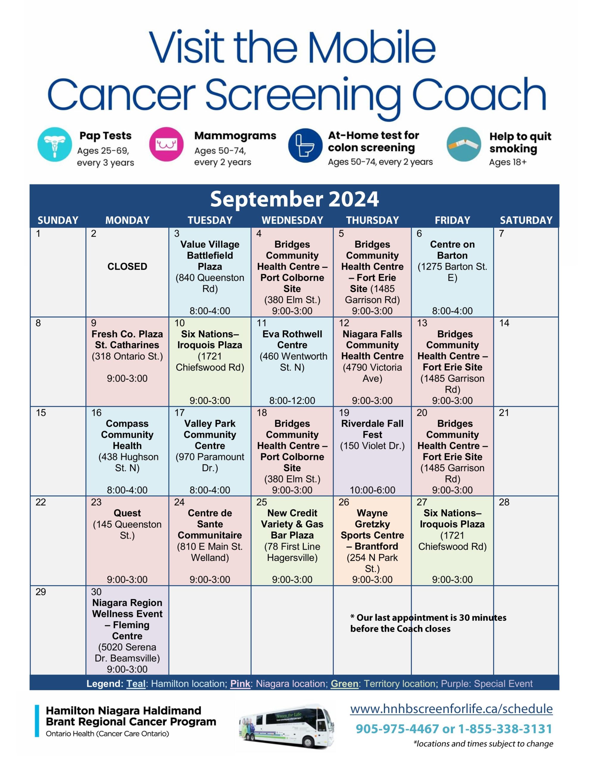 September Cancer Screening Coach Schedule