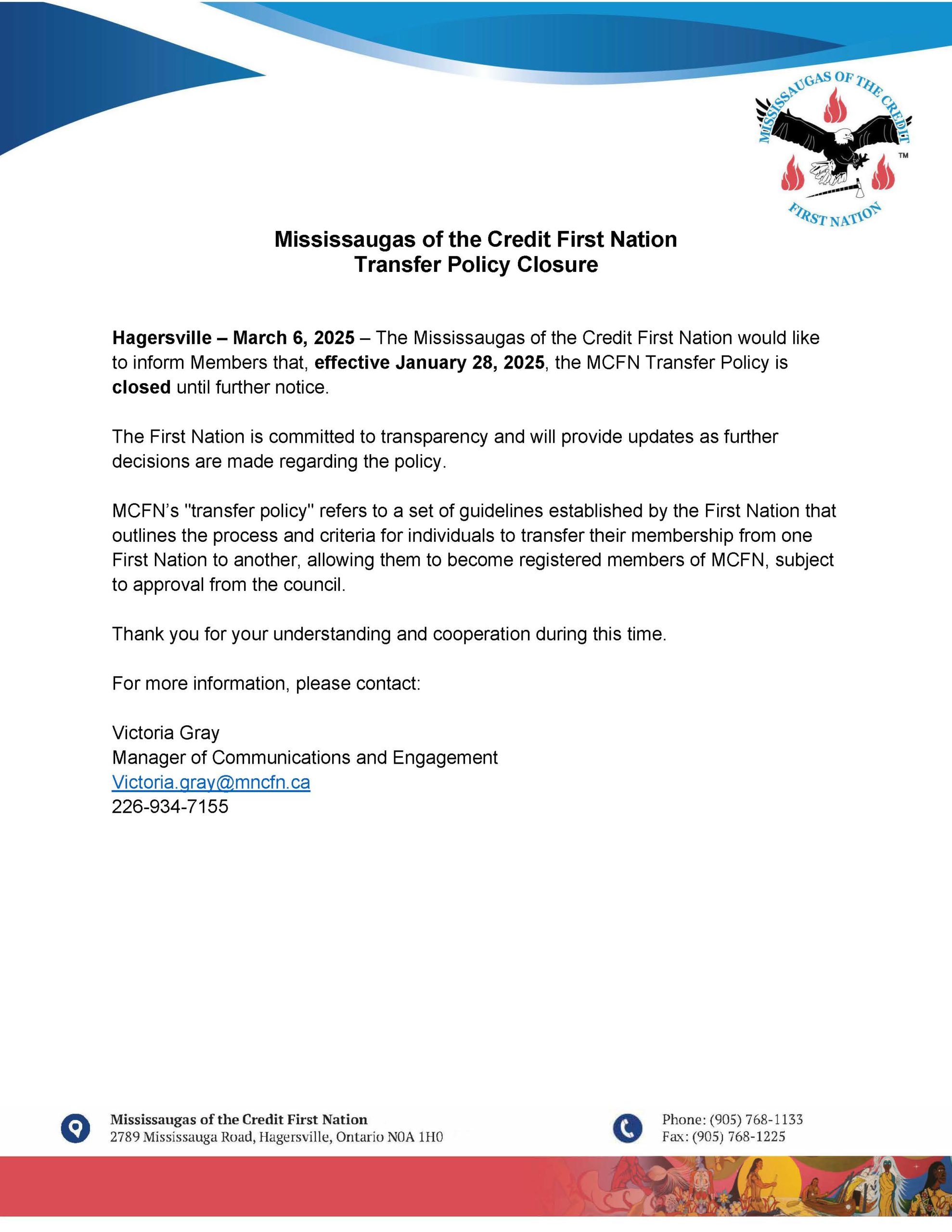 Mississaugas of the Credit First Nation Transfer Policy Closure