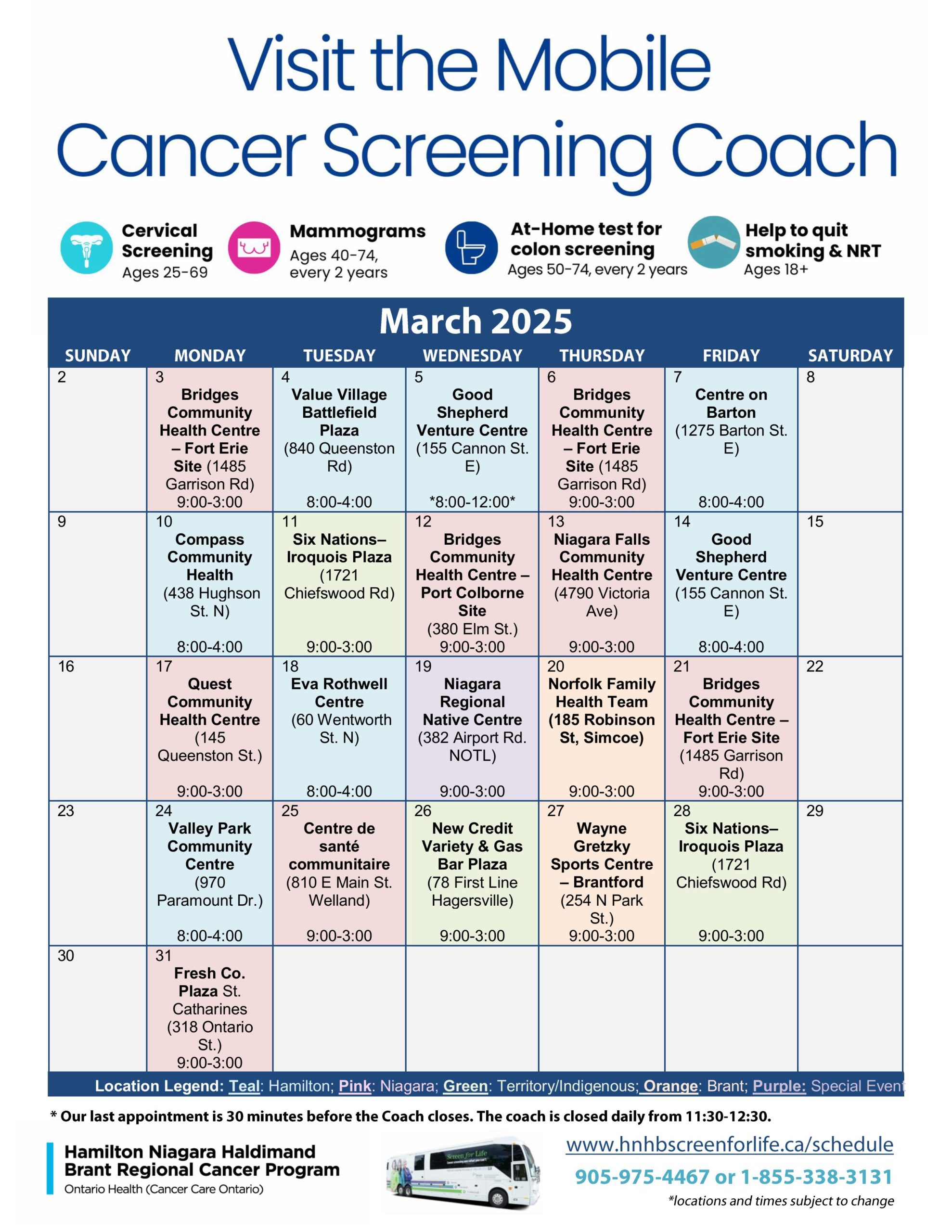 March Mobile Cancer Screening Coach Bus Calendar