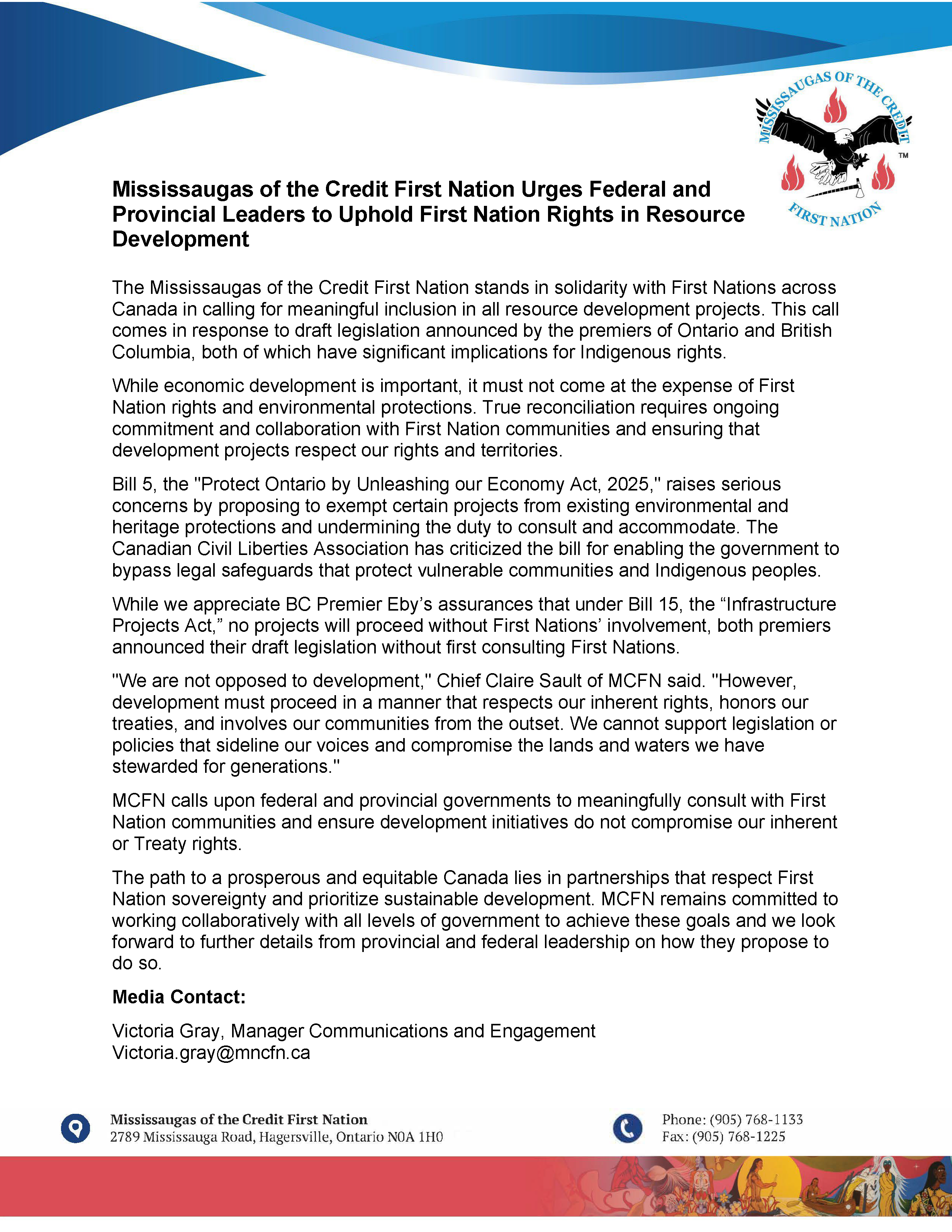 Mississaugas of the Credit First Nation Urges Federal and Provincial Leaders to Uphold First Nation Rights in Resource Development