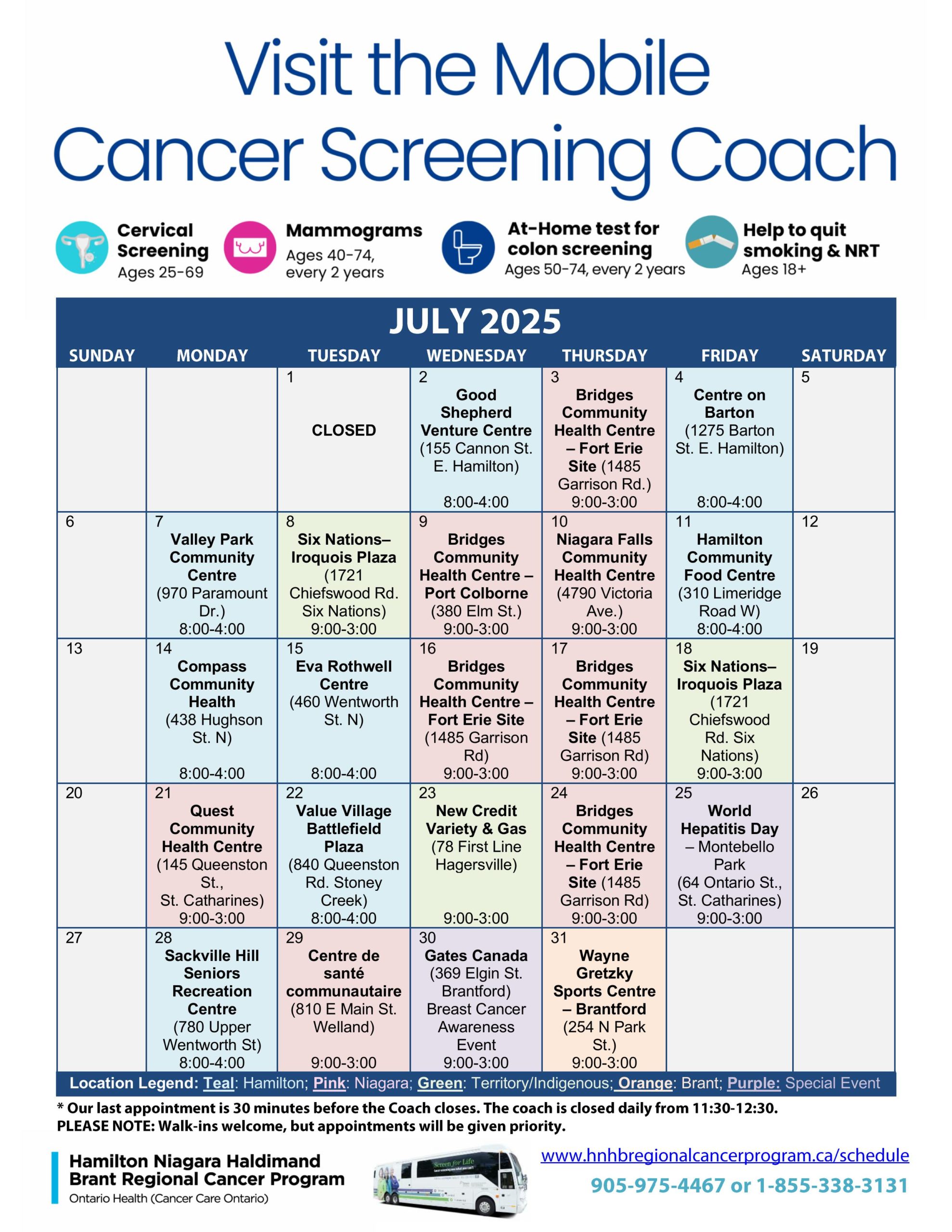 July Mobile Cancer Screening Coach Schedule