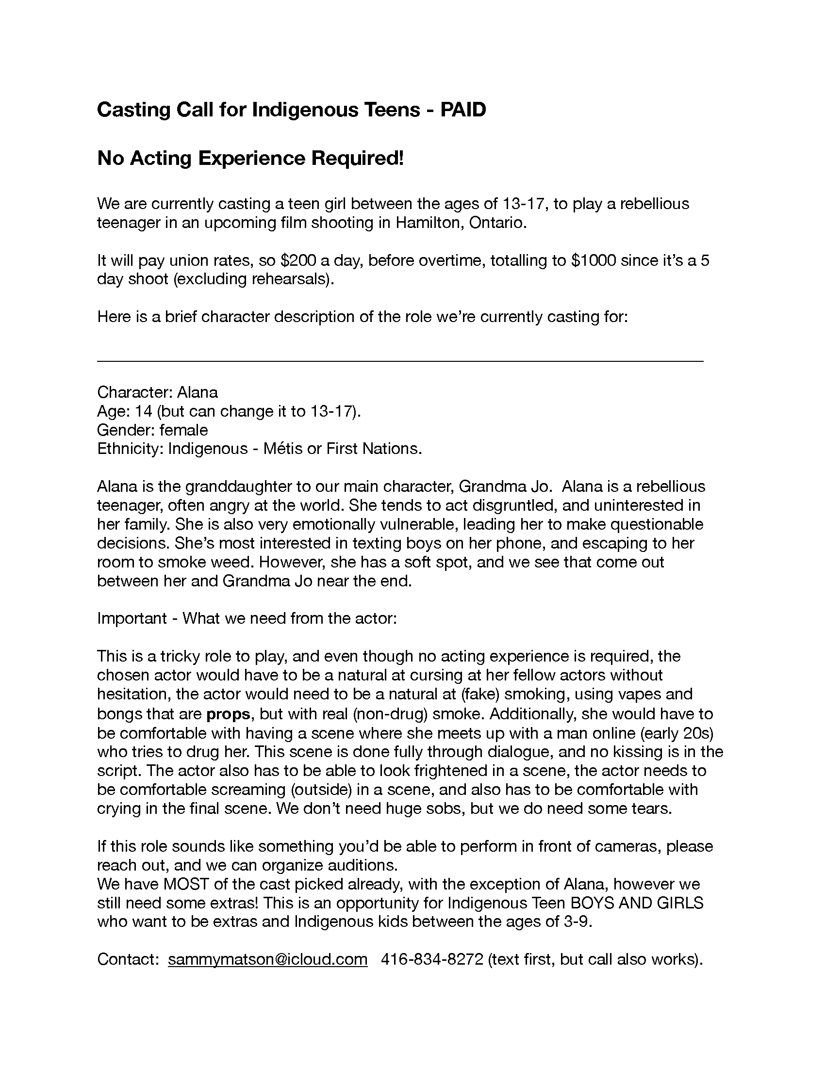 Casting Call for Indigenous Teen (Paid Opportunity!)