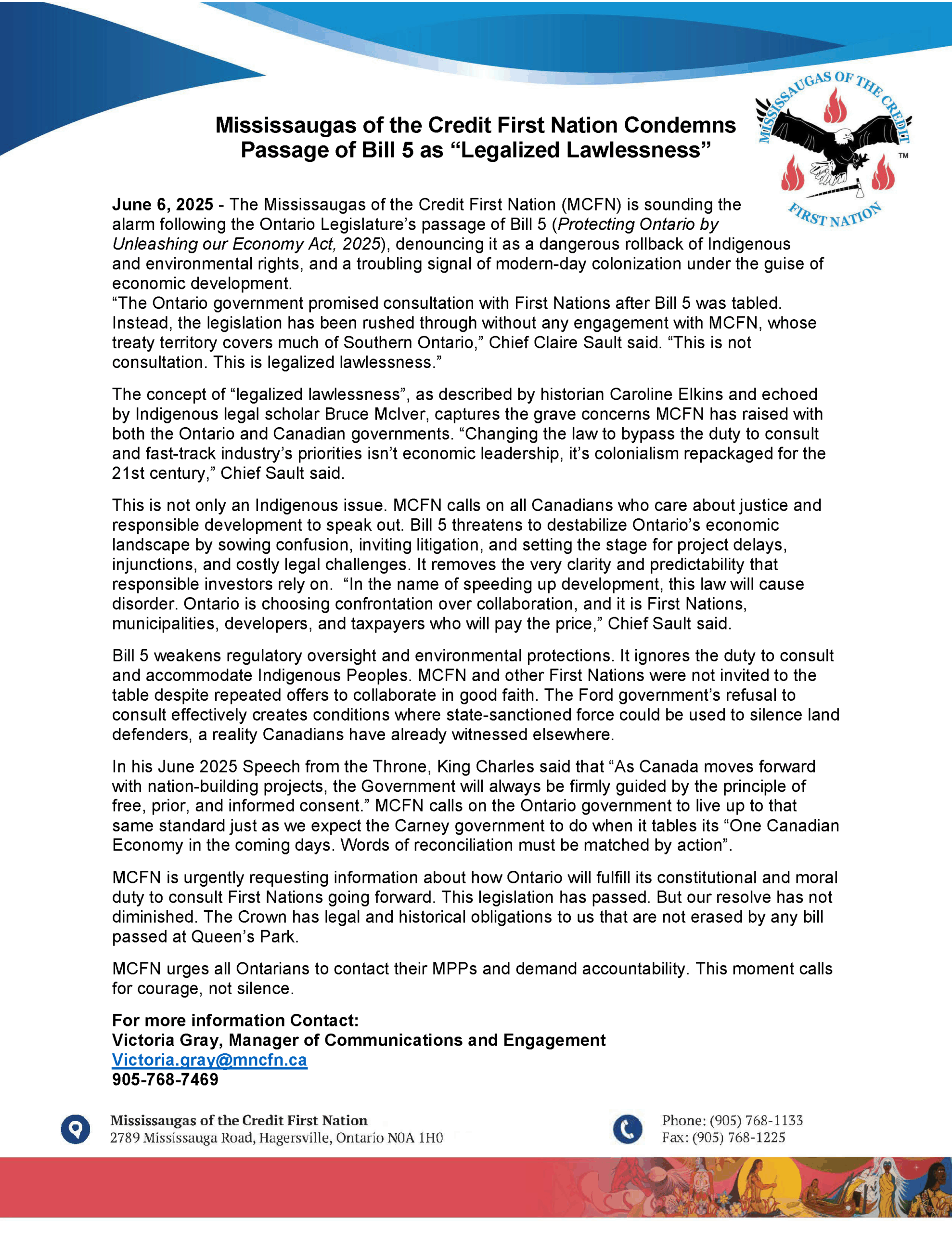 Mississaugas of the Credit First Nation Condemns Passage of Bill 5 as “Legalized Lawlessness”