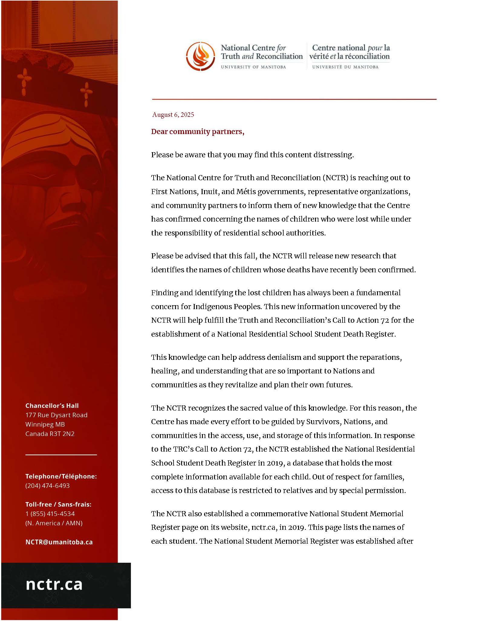 Update from The National Centre for Truth and Reconciliation