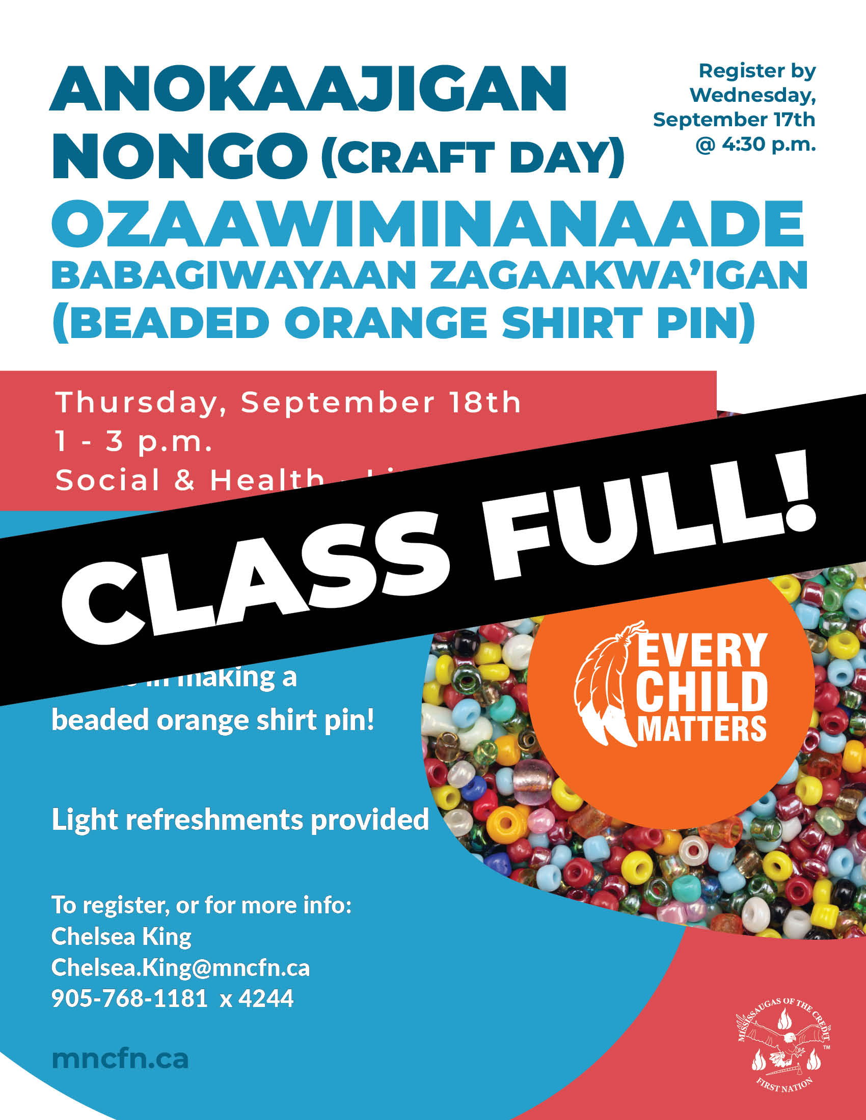 Anokaajigan Nongo (Craft Day) - Ozaawiminanaade Babagiwayaan Zagaakwa’igan (Beaded Orange Shirt Pin)