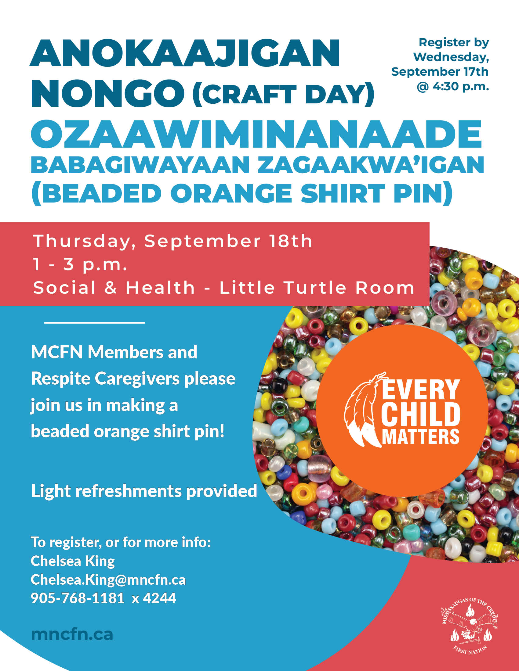 Anokaajigan Nongo (Craft Day) - Ozaawiminanaade Babagiwayaan Zagaakwa’igan (Beaded Orange Shirt Pin)