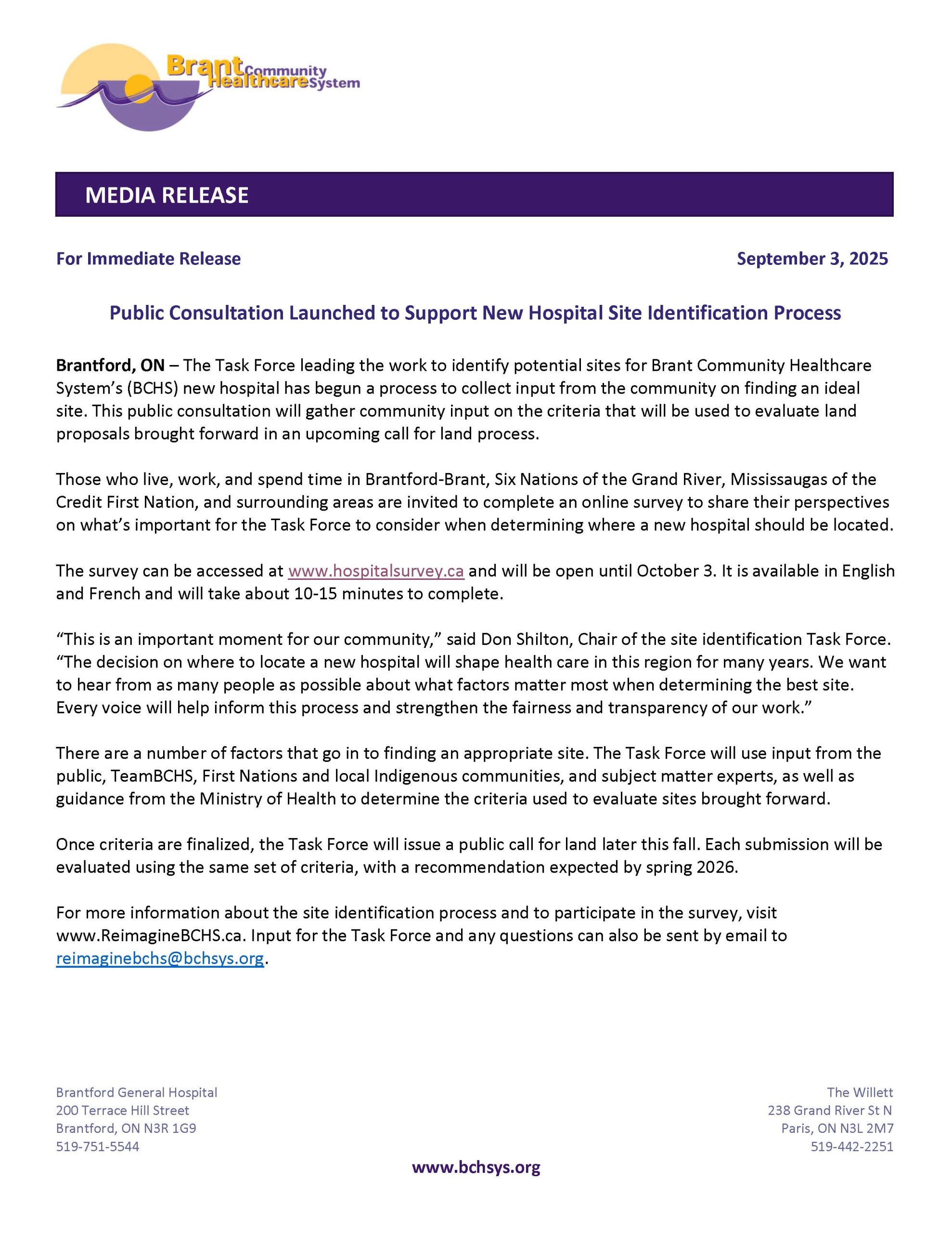 Public Consultation Launched to Support New Hospital Site Identification Process