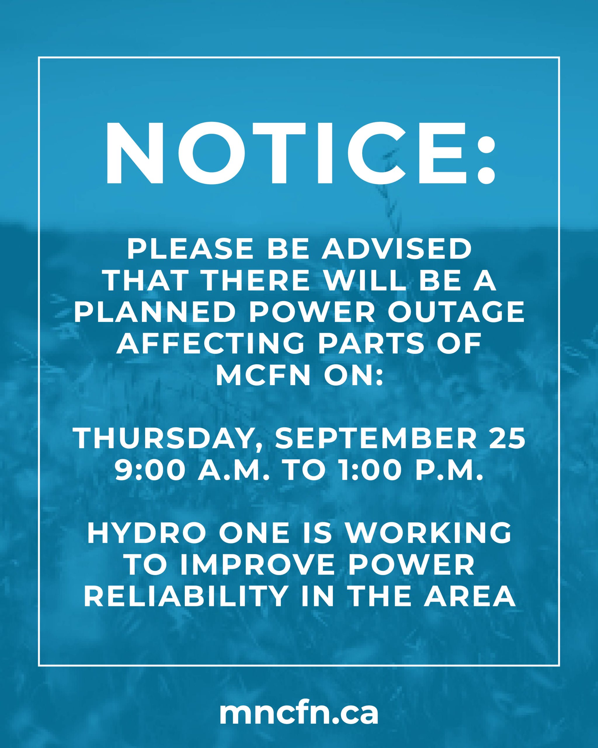 Planned Power Outage – Thursday, September 25