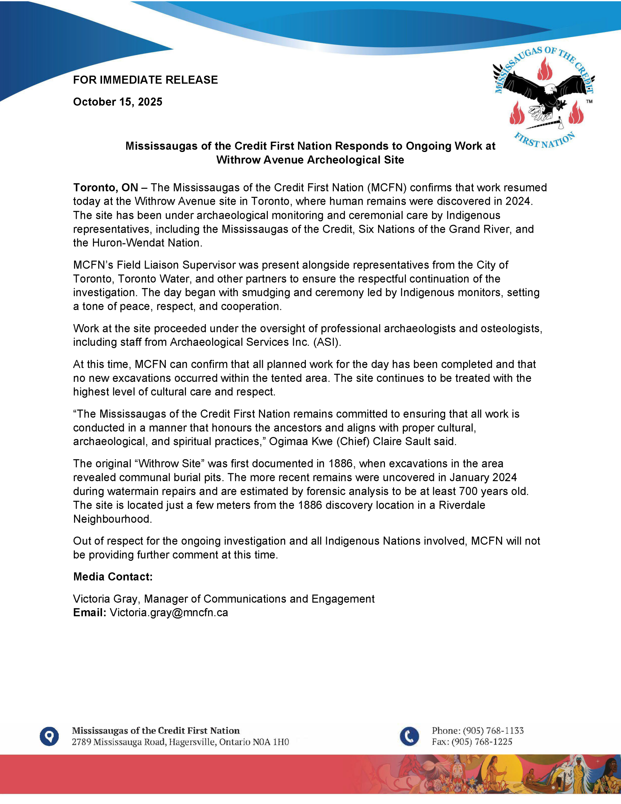 Mississaugas of the Credit First Nation Responds to Ongoing Work at Withrow Avenue Archeological Site