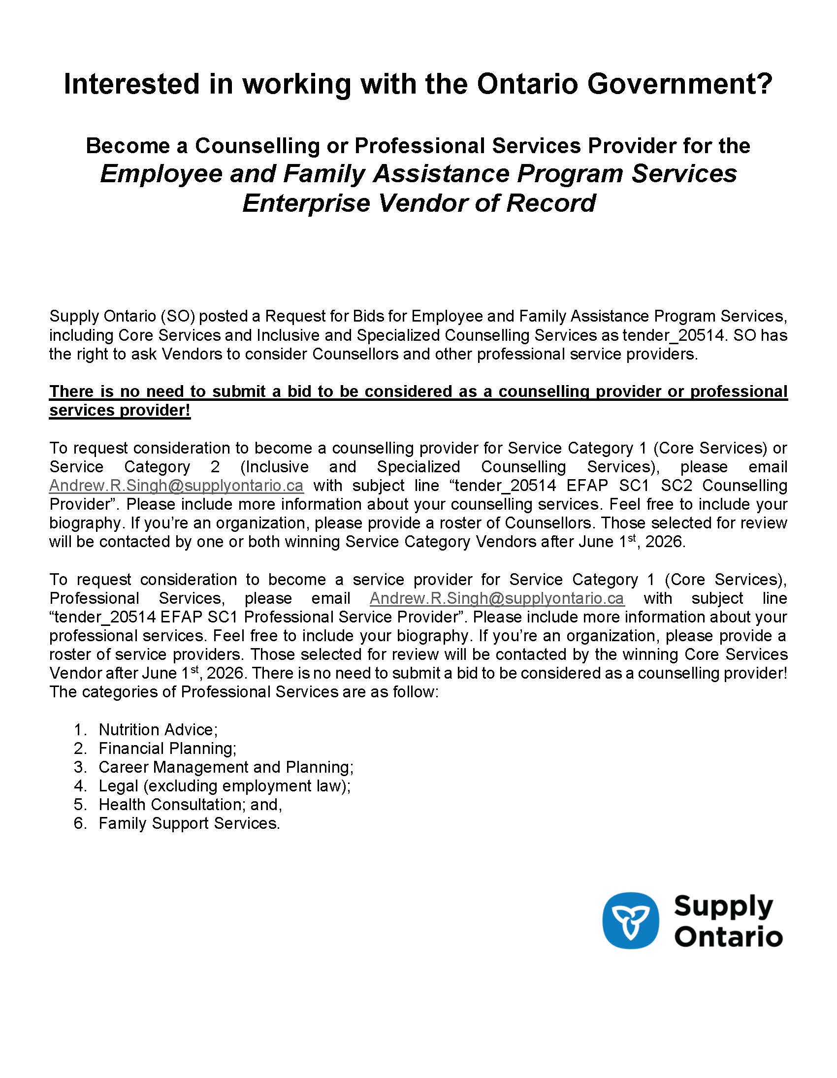 Opportunity to Provide Counselling or Professional Services for the Ontario Government’s EFAP Program