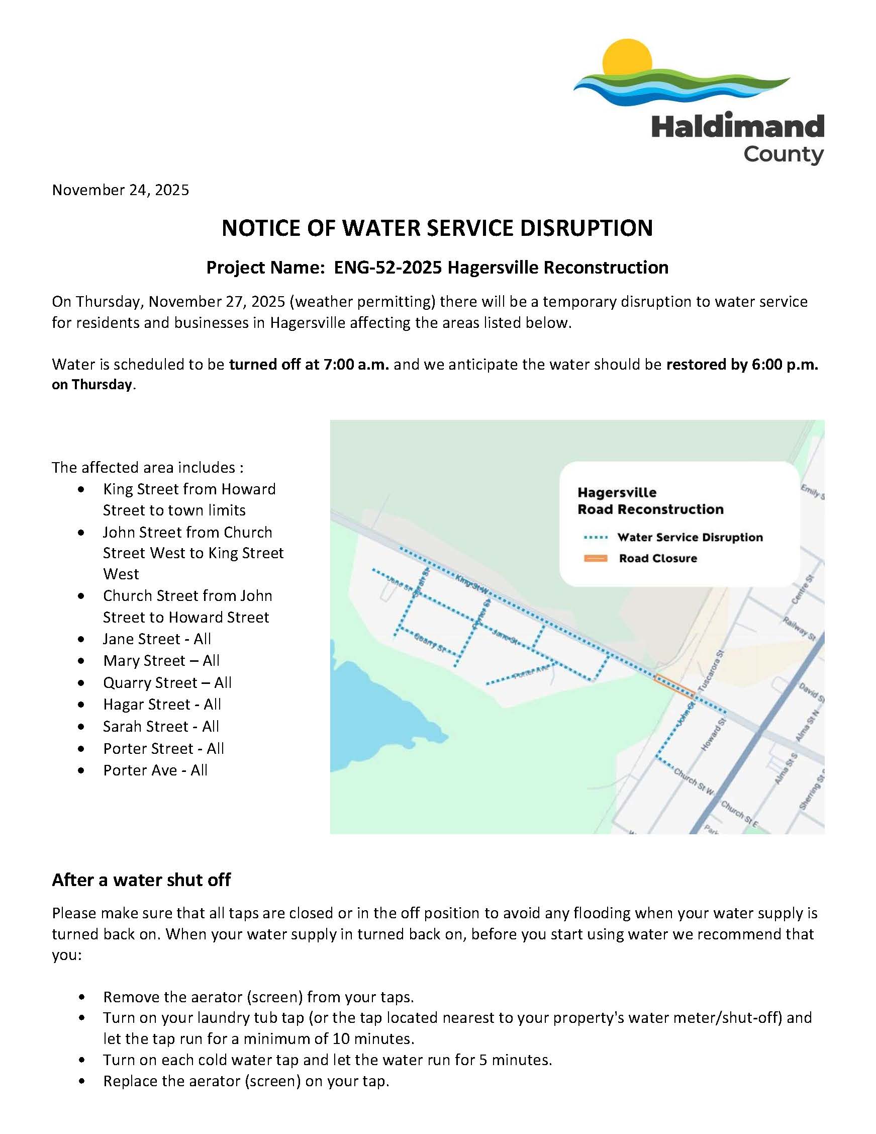 Notice of Water Disruption & Road Closure in Hagersville