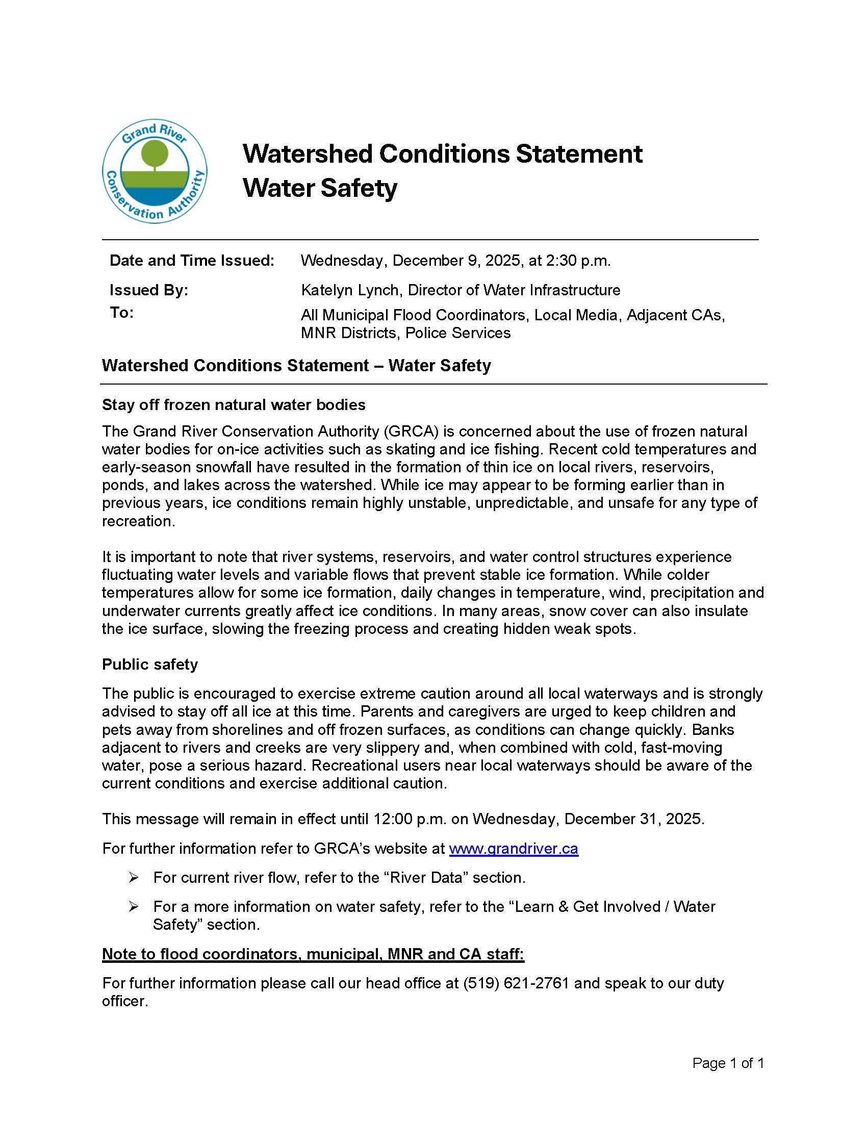 Watershed Conditions Statement - Water Safety