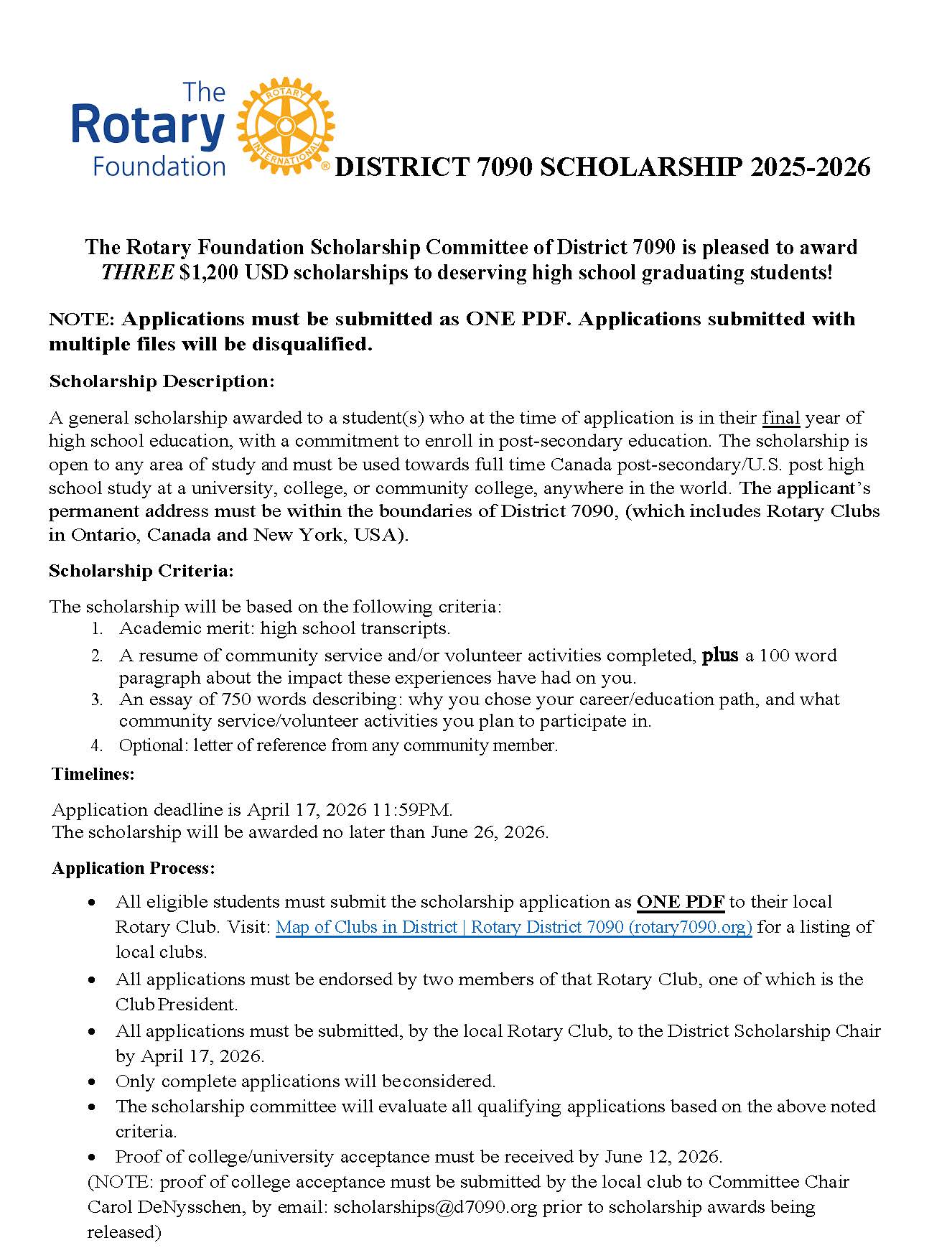 Rotary District 7090 Scholarship for Graduating High School Students