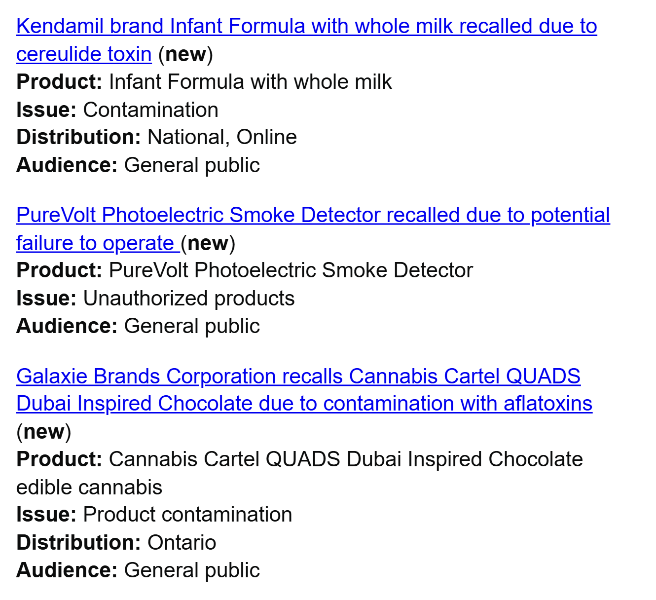 Product Recall Notices from Government of Canada