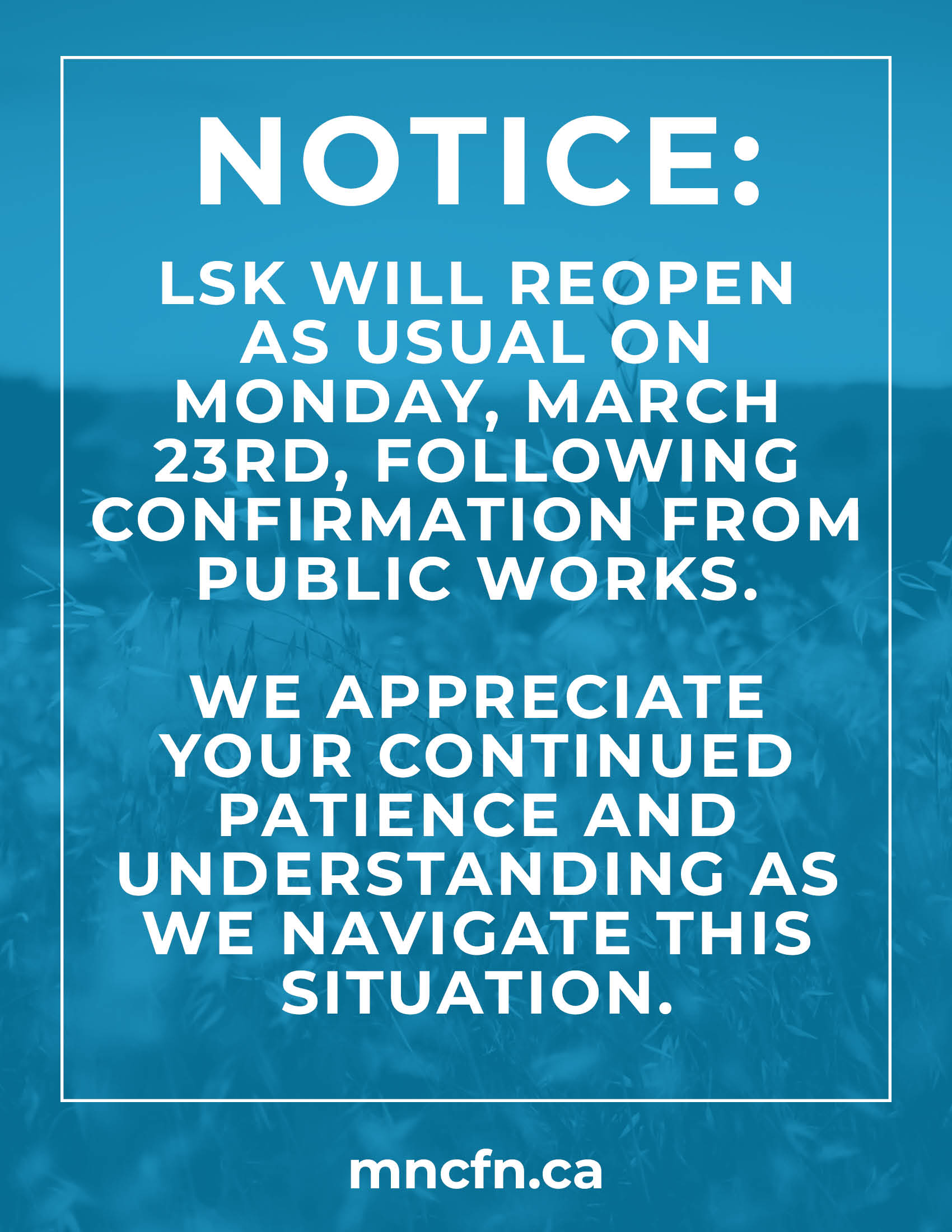 LSK Re-Opening Monday March 23rd