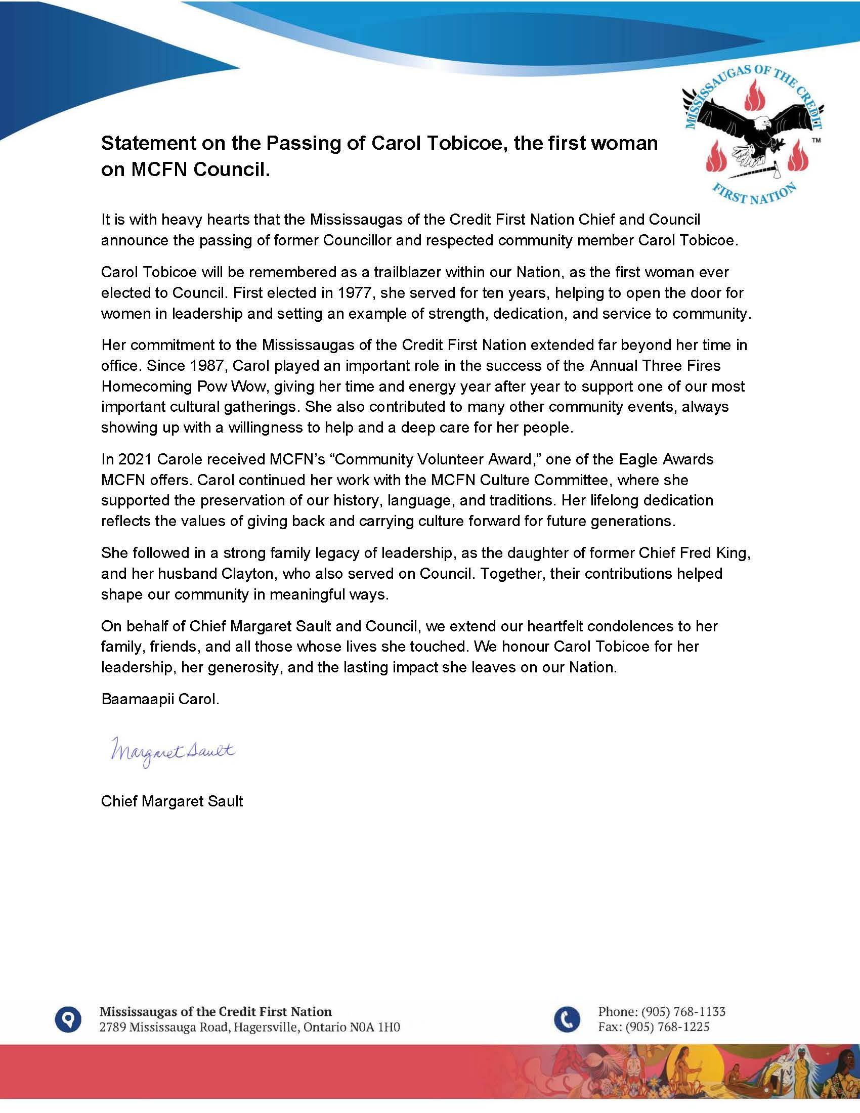 Statement on the Passing of Carol Tobicoe, the first woman on MCFN Council