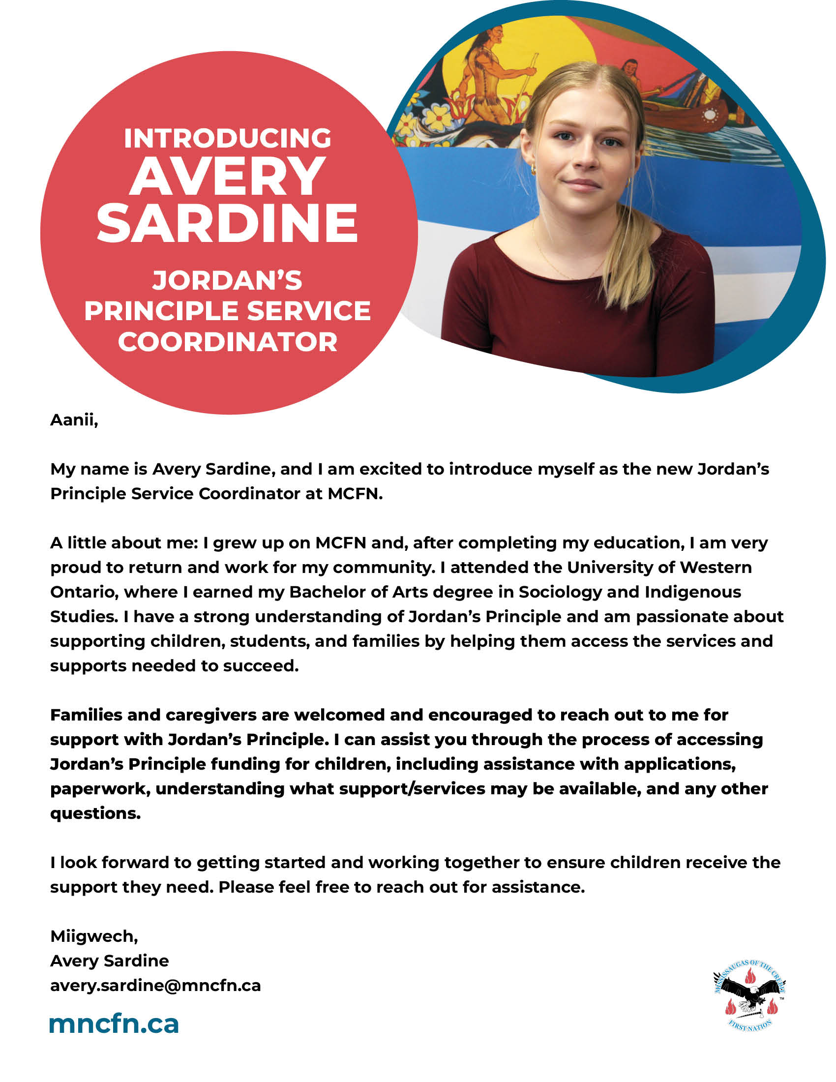 Introducing Avery Sardine, Jordan’s Principle Service Coordinator for MCFN