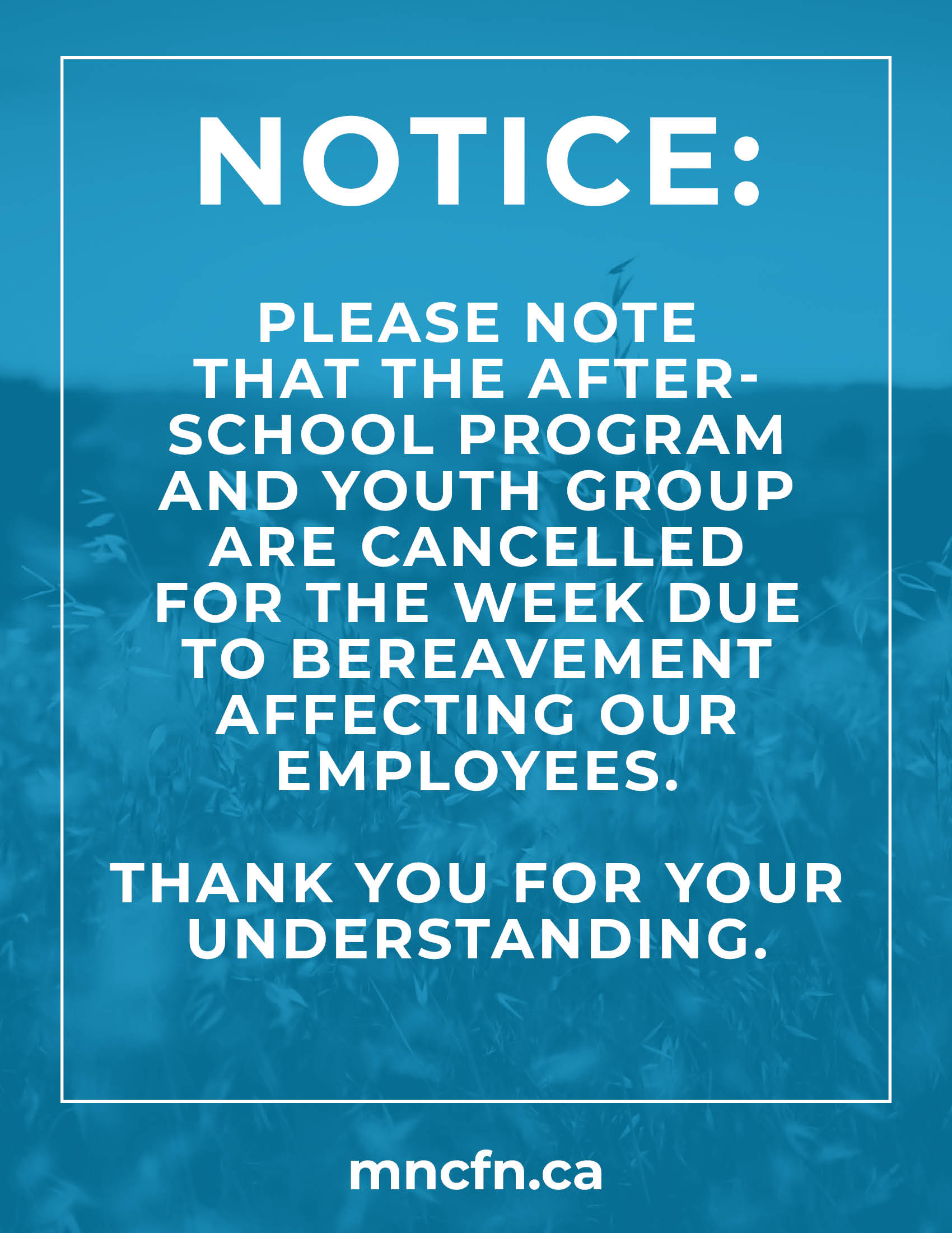 Notice: After School Program and Youth Group are Cancelled (Week of April 6th)