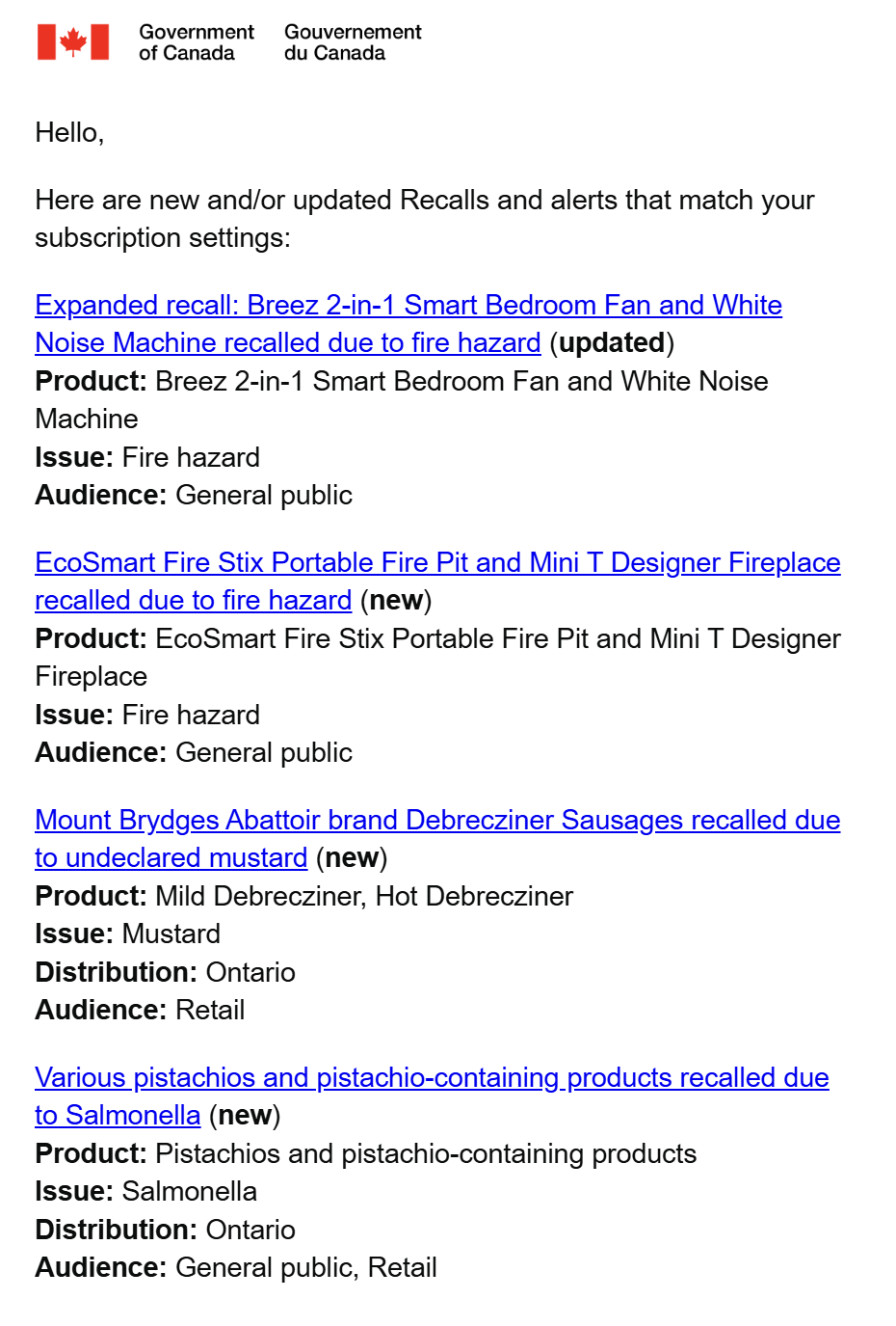 Product Recall Notices from Government of Canada