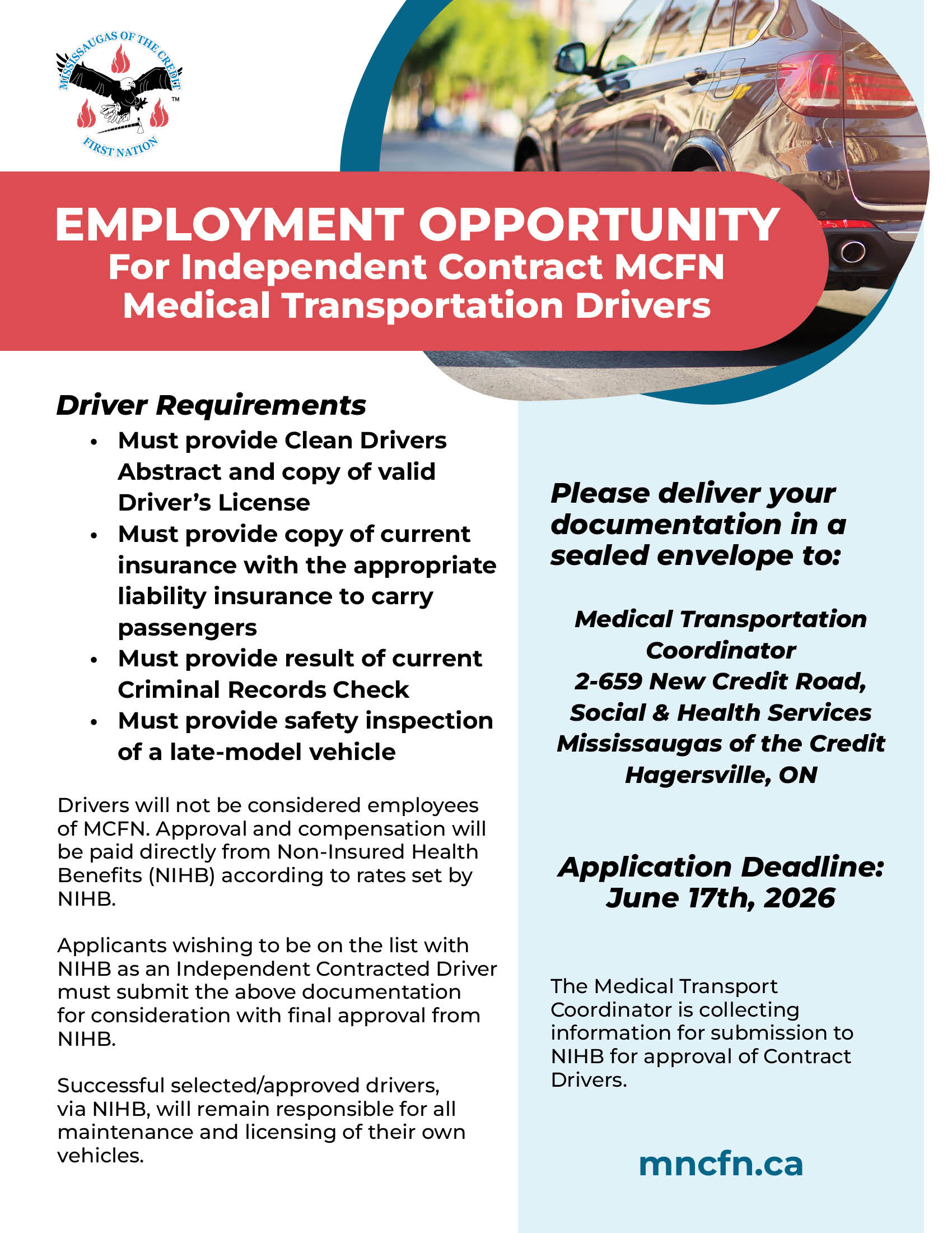EMPLOYMENT OPPORTUNITY: Independent Contract MCFN Medical Transportation Drivers
