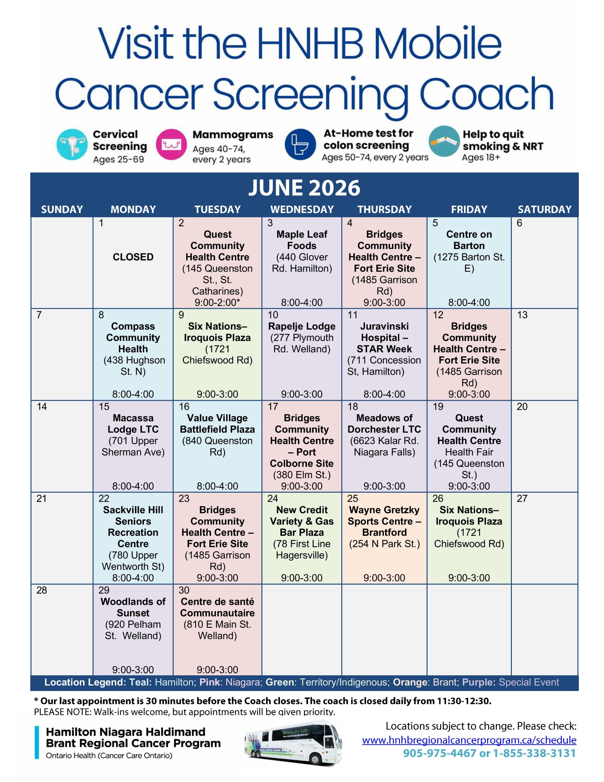 Mobile Cancer Screening Coach Schedule for June