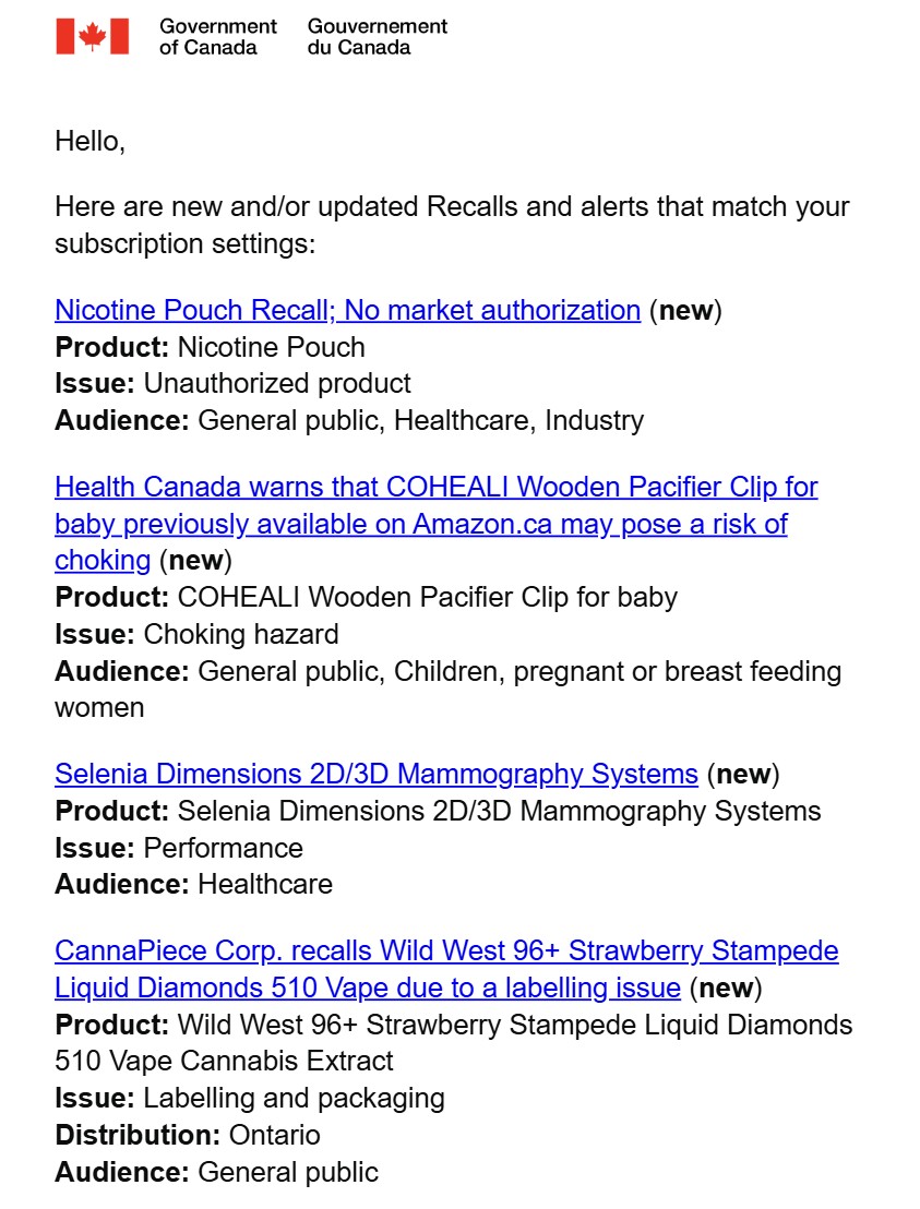 Product Recall Notices from Government of Canada