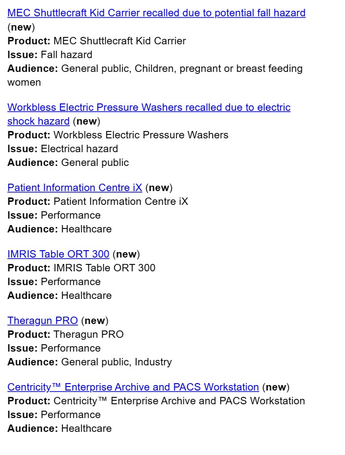 Product Recall Notices from Government of Canada