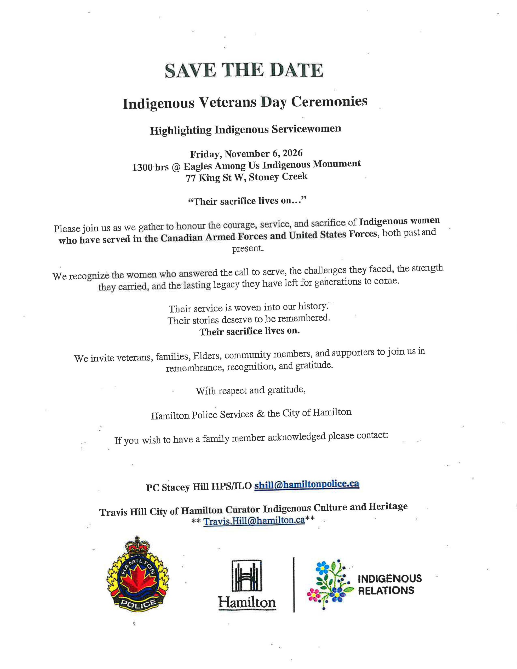 Save The Date: Indigenous Veterans Day Ceremonies in Stoney Creek