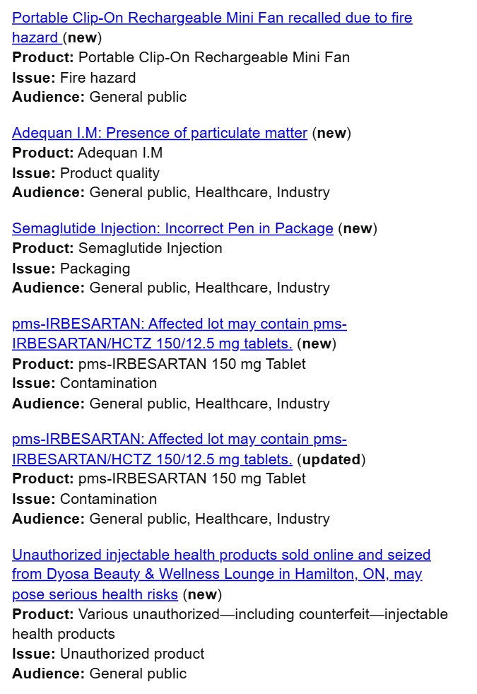 Product Recall Notices from Government of Canada
