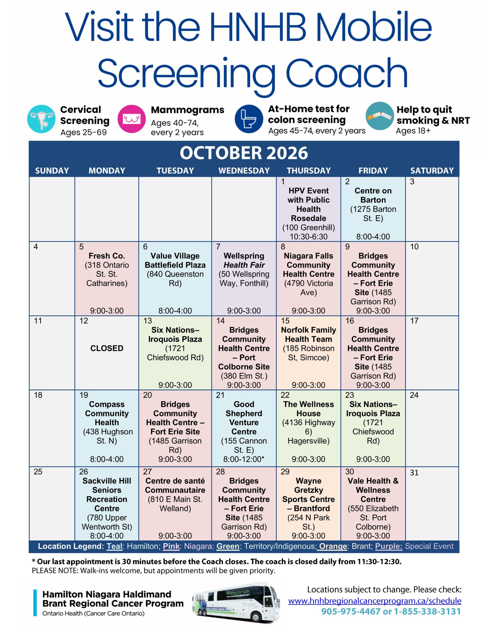 Mobile Cancer Screening Coach Bus Schedule for October