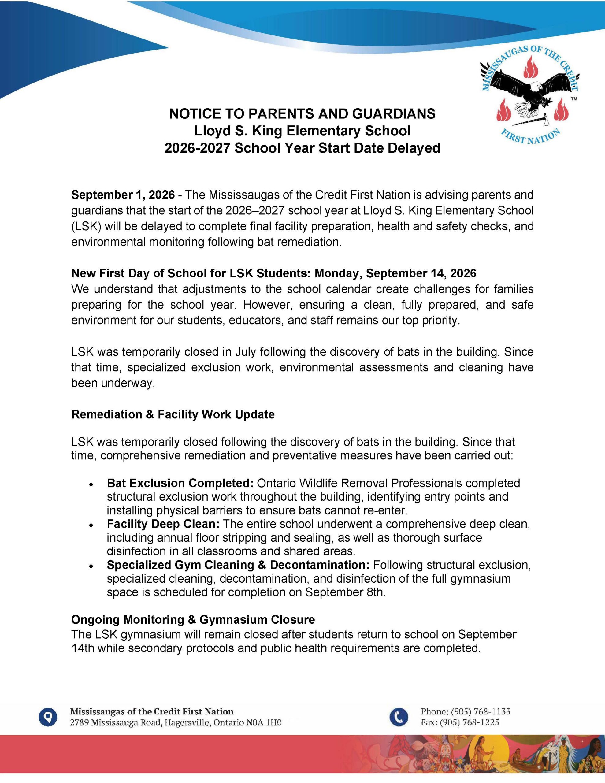 NOTICE: Lloyd S. King Elementary School Start Date Delayed