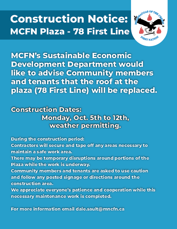 Construction Notice: Roof Replacement, MCFN Plaza at 78 First Line