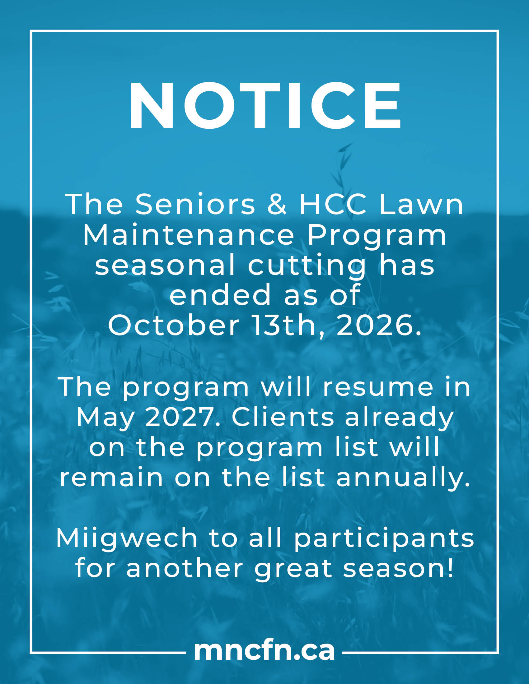 Seniors & HCC Lawn Maintenance Program – Seasonal Update